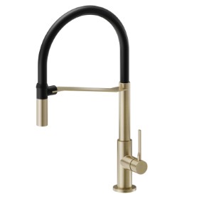 Single-lever sink mixer, round swivel spout and single jet retractable pull-down hand shower - finish PVD Brushed Pale Gold + Matt black
