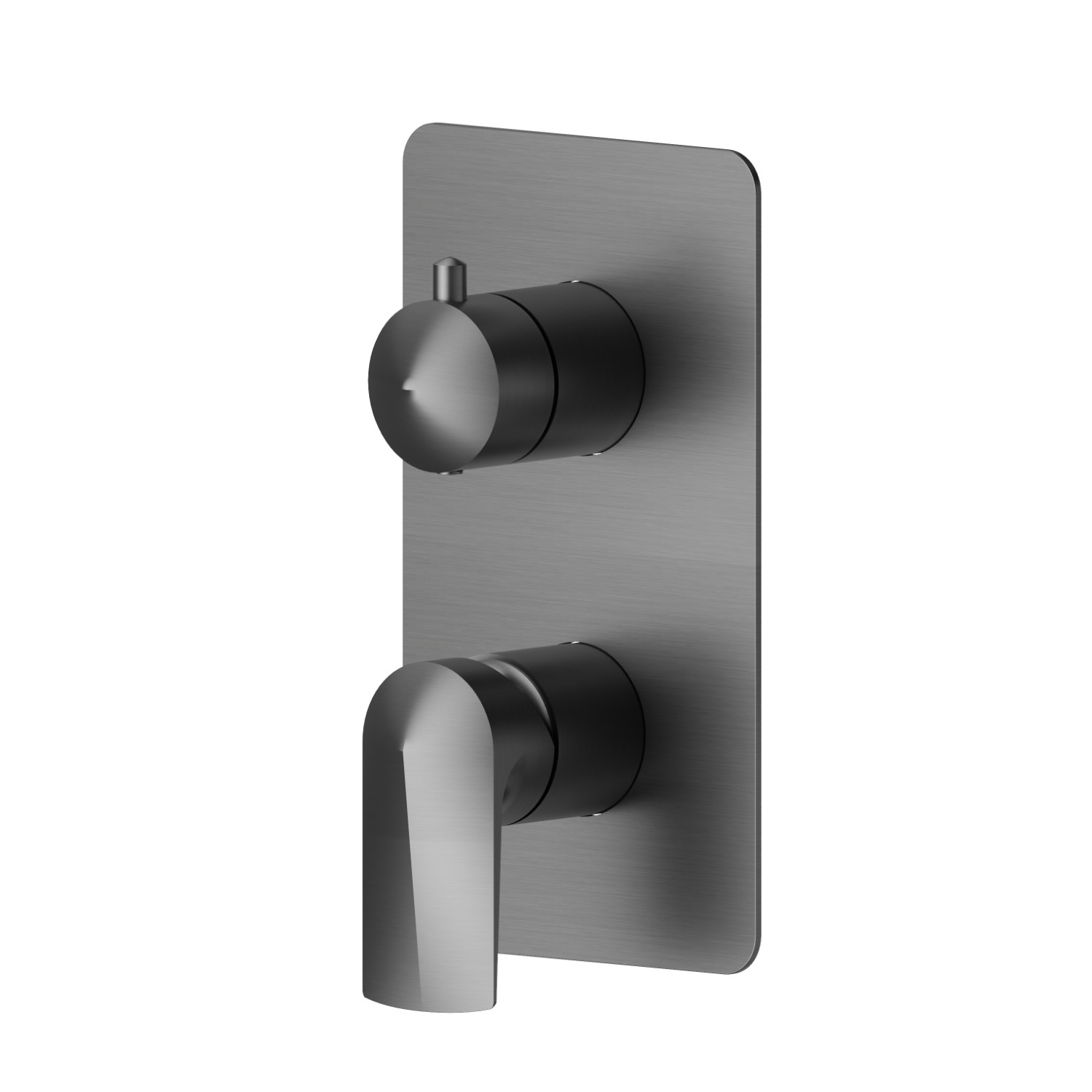 Mitigeur encastré 2 sorties avec inverseur mécanique (entrées et sorties de 1/2”). Façade murale - finition PVD Brushed Gun Metal