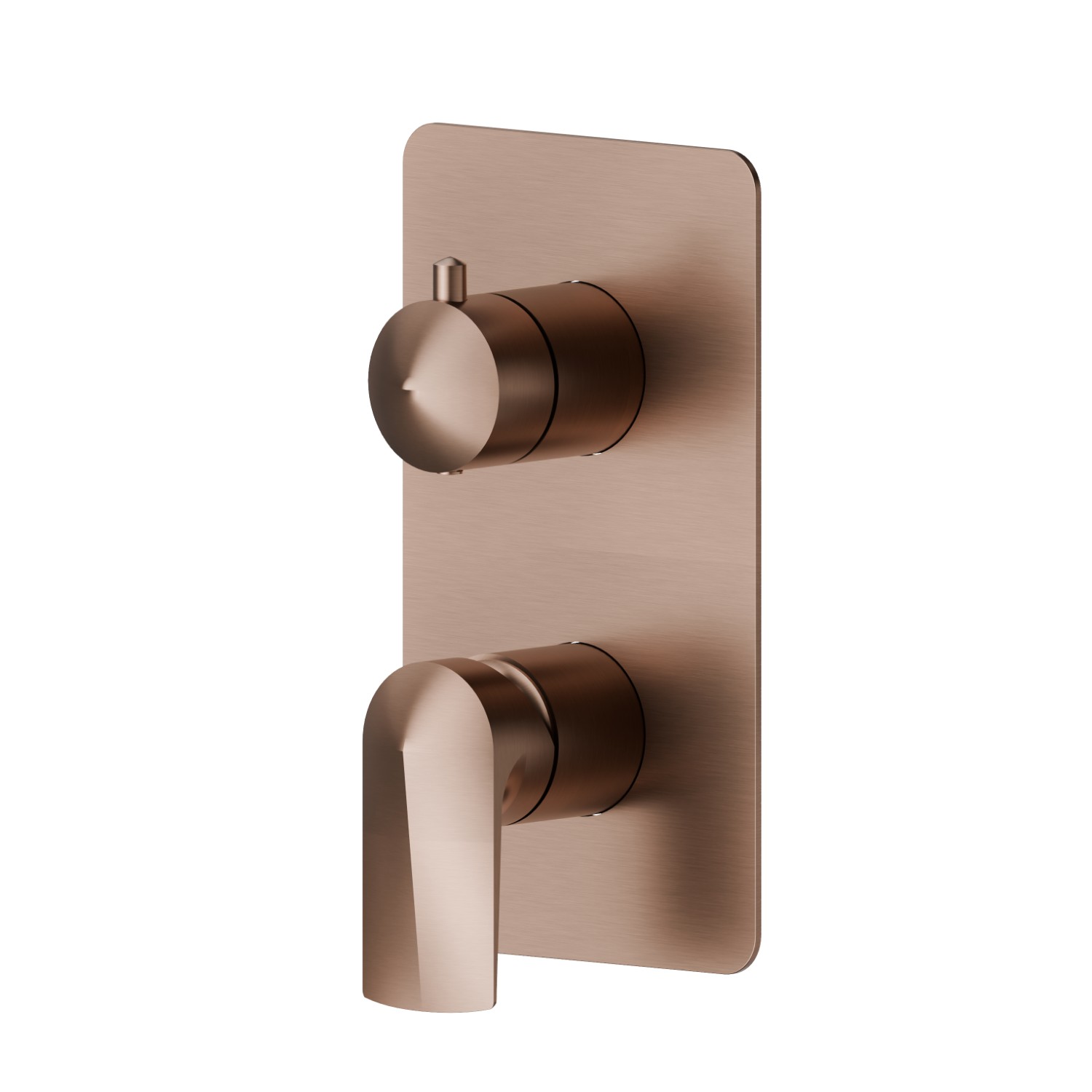 Mitigeur encastré 2 sorties avec inverseur mécanique (entrées et sorties de 1/2”). Façade murale - finition PVD Brushed Copper Bronze