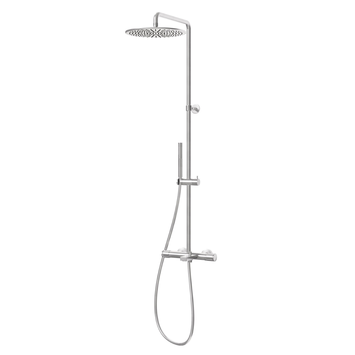 Colonne vasque corps froid avec mitigeur thermostatique externe doté de déviateur, pomme de douche et douchette - finition PVD Brushed steel