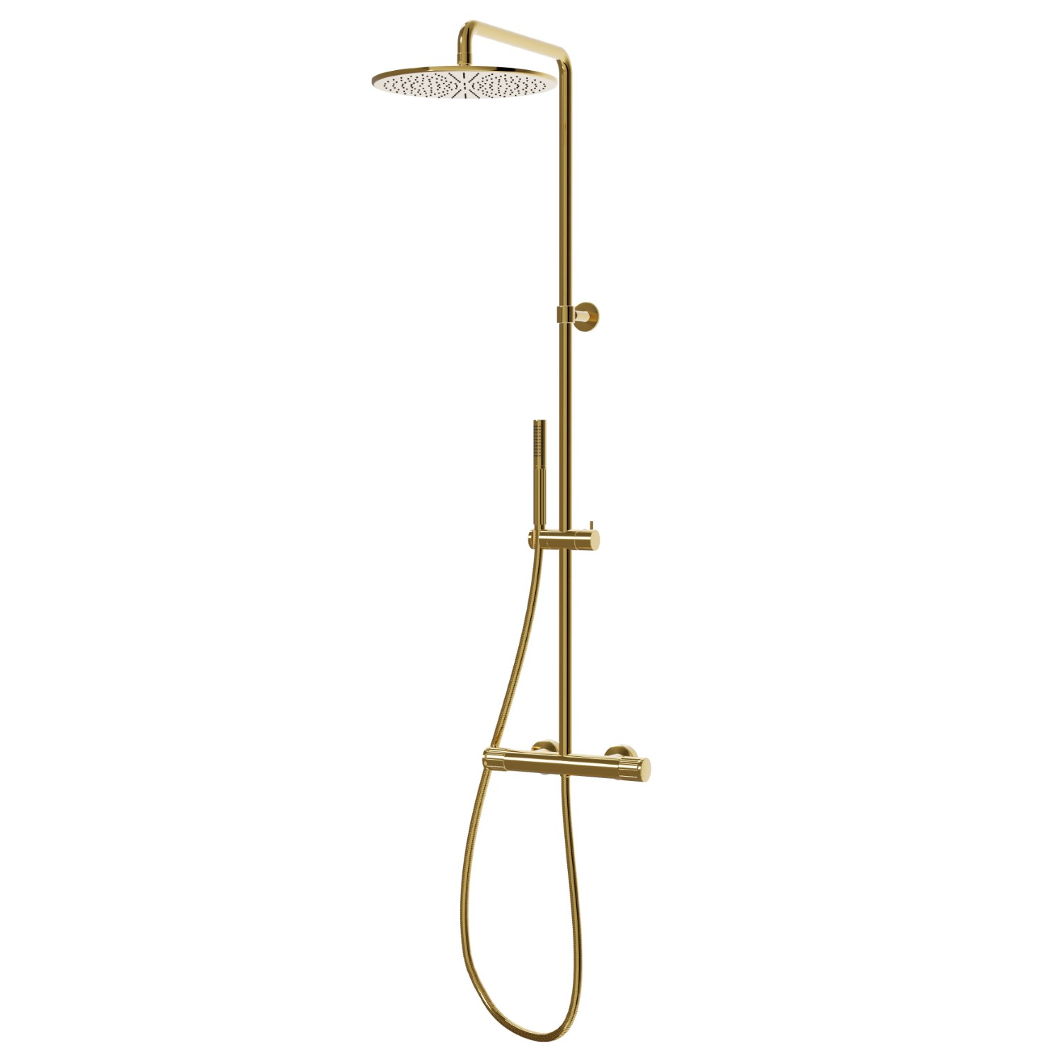 Colonne de douche avec mitigeur thermostatique corps froid, inverseur, ciel de pluie, douchette et flexible - finition PVD Glossy Gold