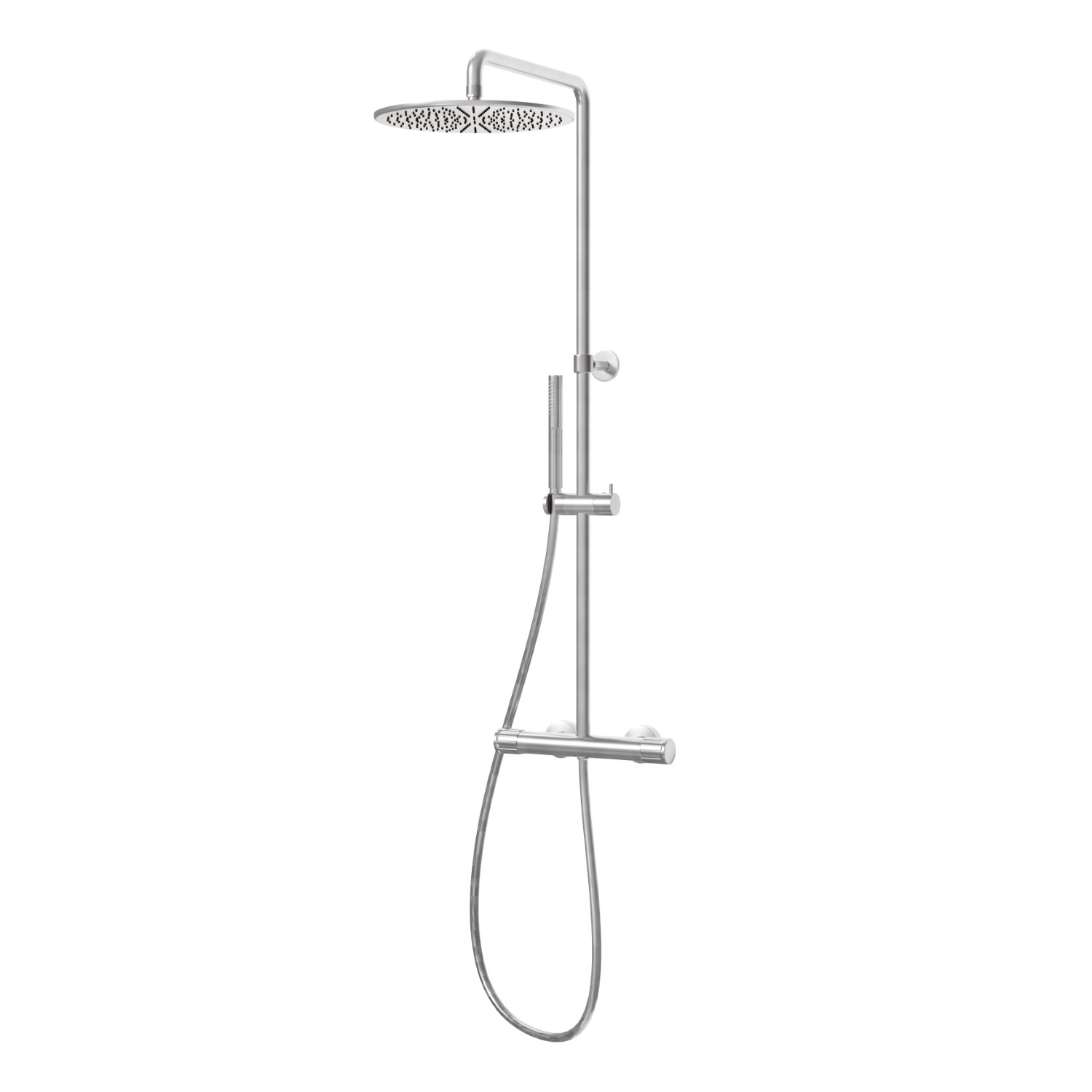 Colonne de douche courte, corps froid avec mitigeur thermostatique externe doté de déviateur, pomme de douche et douchette - finition PVD Brushed steel