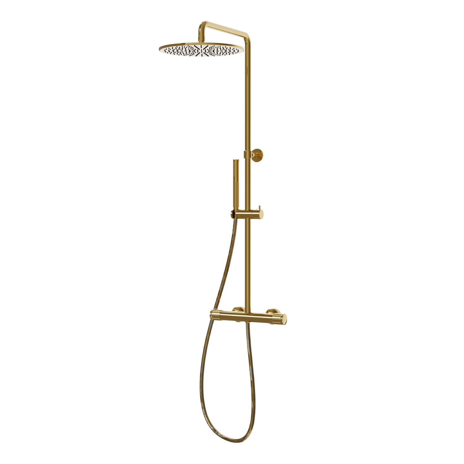 Colonne de douche courte, corps froid avec mitigeur thermostatique externe doté de déviateur, pomme de douche et douchette - finition PVD Glossy Gold