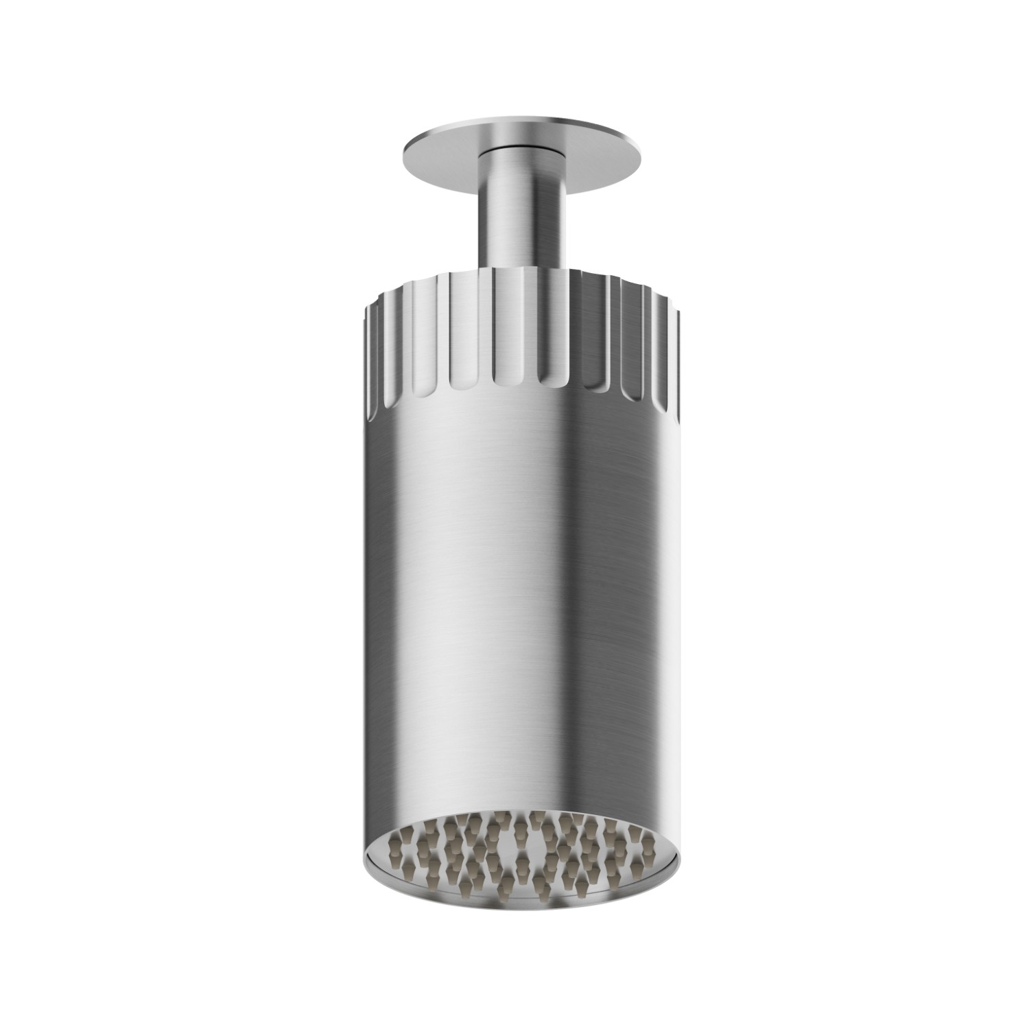 Adjustable ceiling small head shower, with raining jet. Ø 100 mm - finish PVD Brushed steel