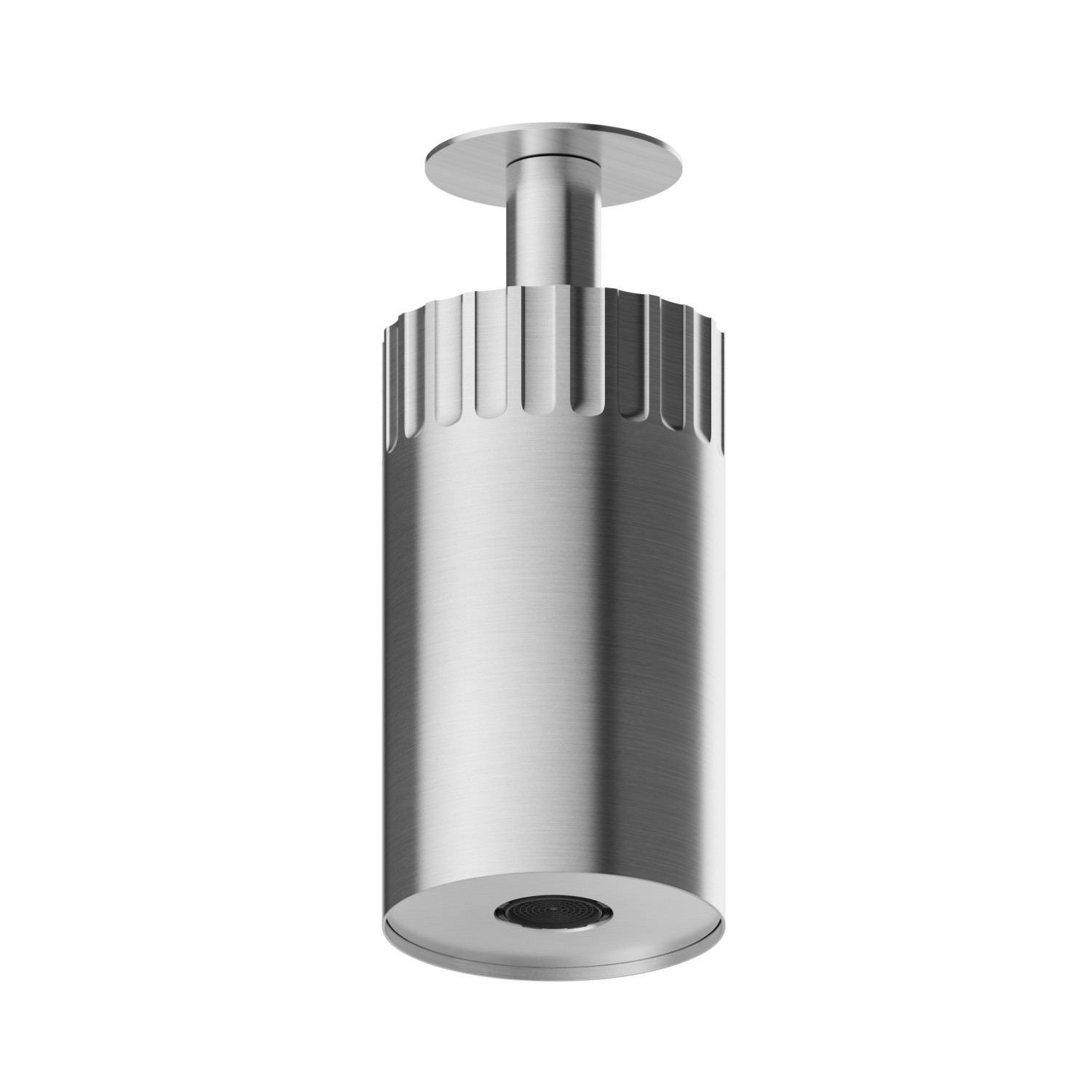Soffioncino orientabile a soffitto, con getto laminare.
Ø100mm. - finitura PVD Acciaio Spazzolato