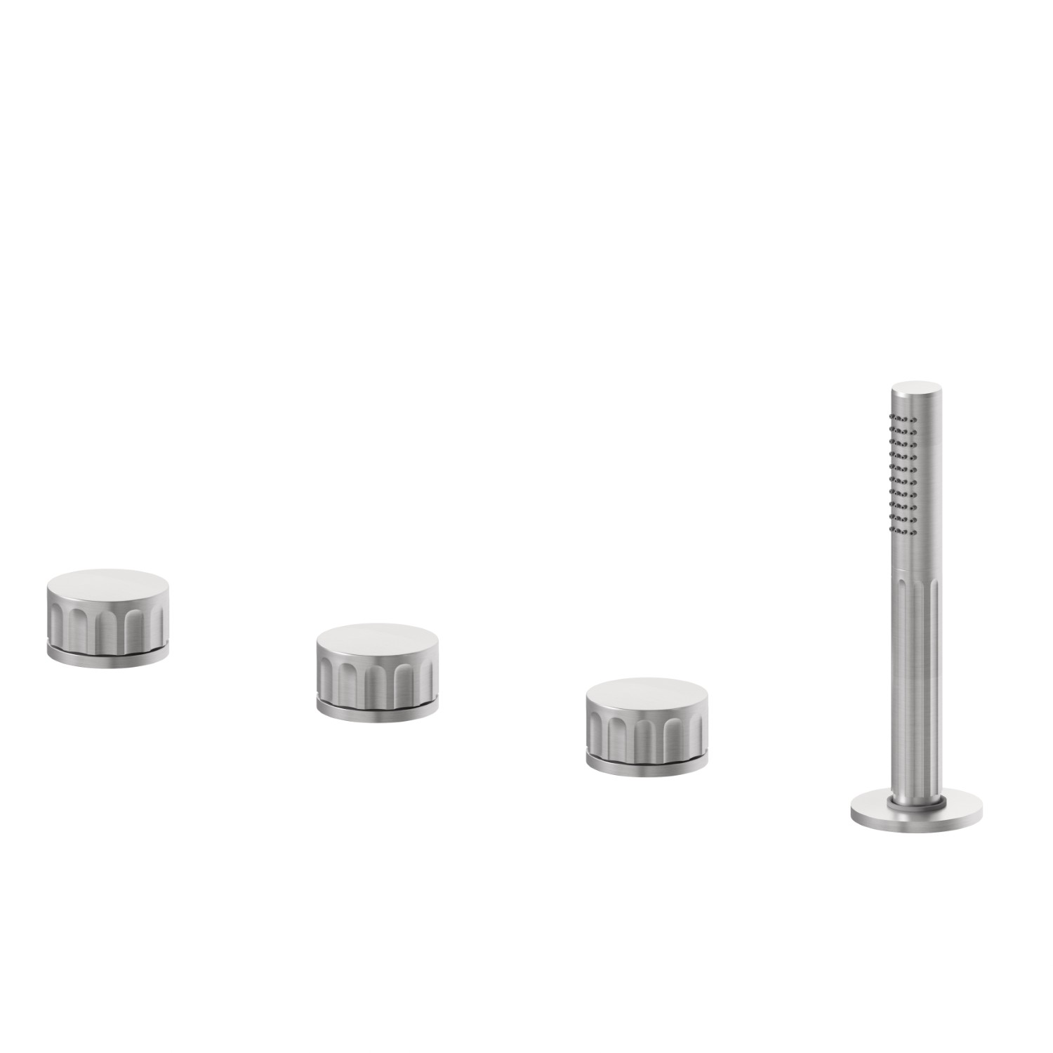 Mitigeur bain douche 4 trous bord de baignoire, inverseur et douchette en laiton - finition PVD Brushed steel
