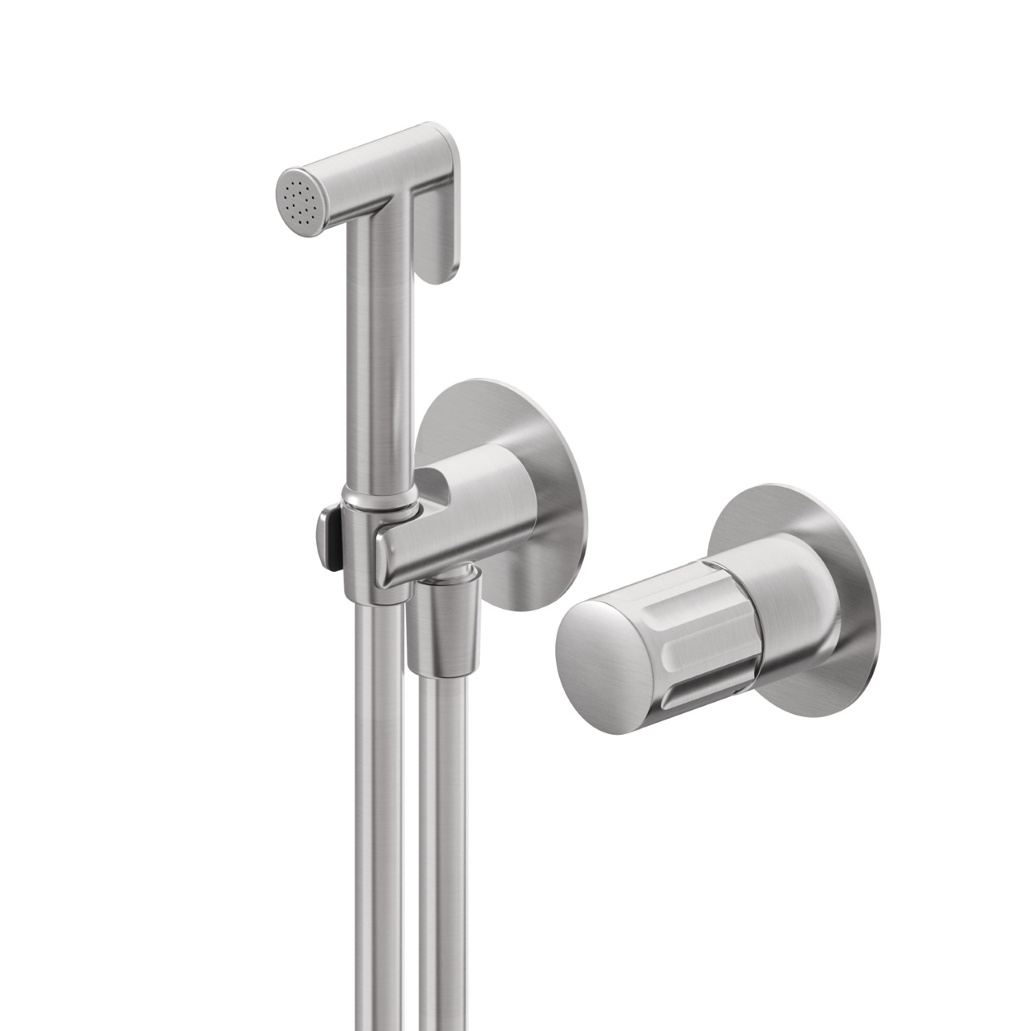 Mitigeur monocommande, eau chaude et froide, pour toilette intime et wc. Façade murale - finition PVD Brushed steel