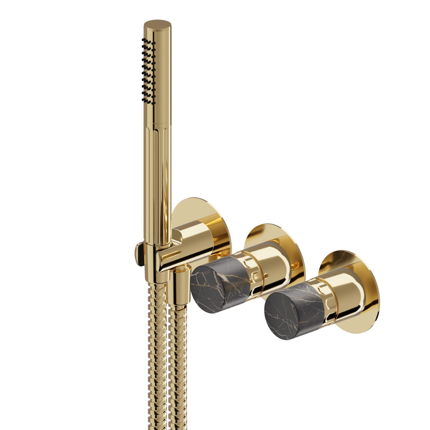 Mitigeur mural 2 sorties avec douchette et boite d’encastrement - finition PVD Glossy Gold