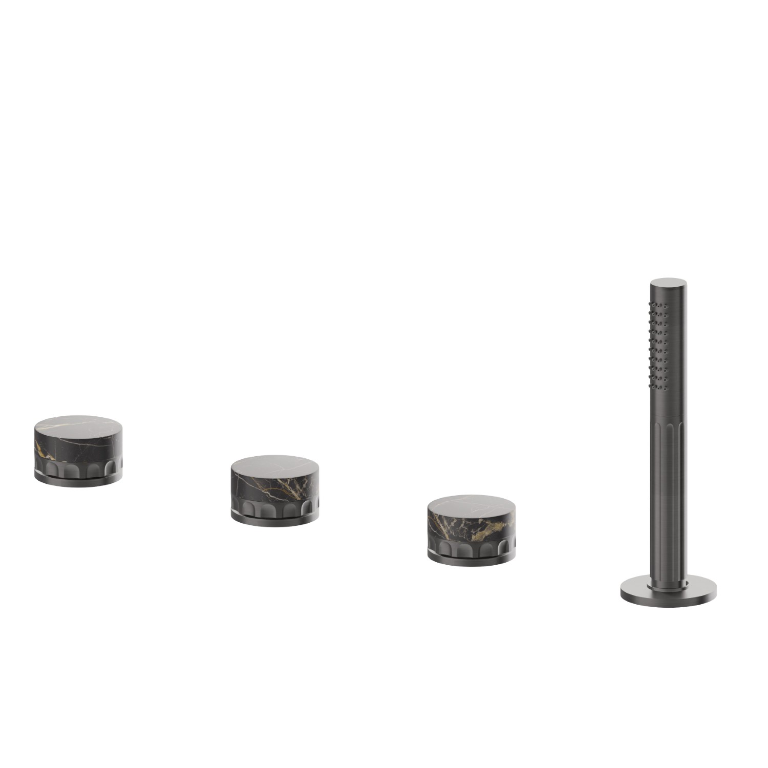 Gruppo bordo vasca 4 fori completo di deviatore e set doccetta in ottone - finitura PVD Brushed Gun Metal