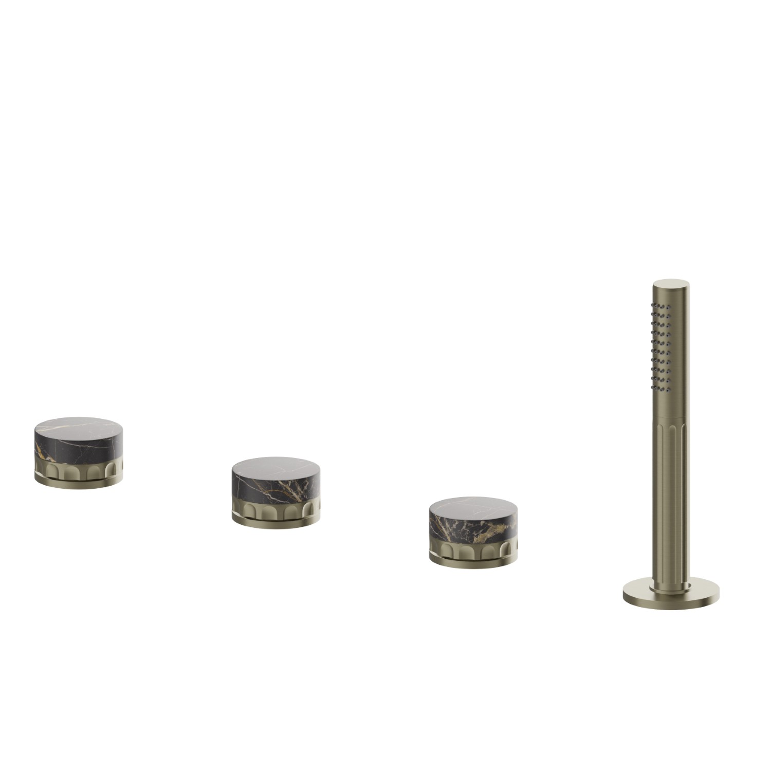 Gruppo bordo vasca 4 fori completo di deviatore e set doccetta in ottone - finitura PVD Brushed Pale Gold