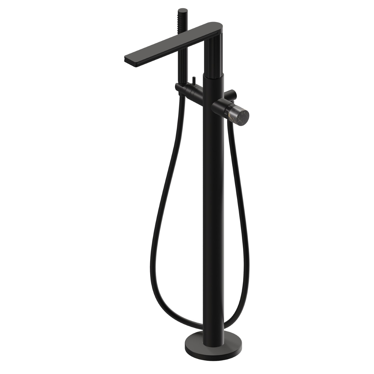 Mitigeur sur pied pour baignoire ilôt, prise d’eau au sol corps d’alimentation, flexible et douchette - finition Matt Black