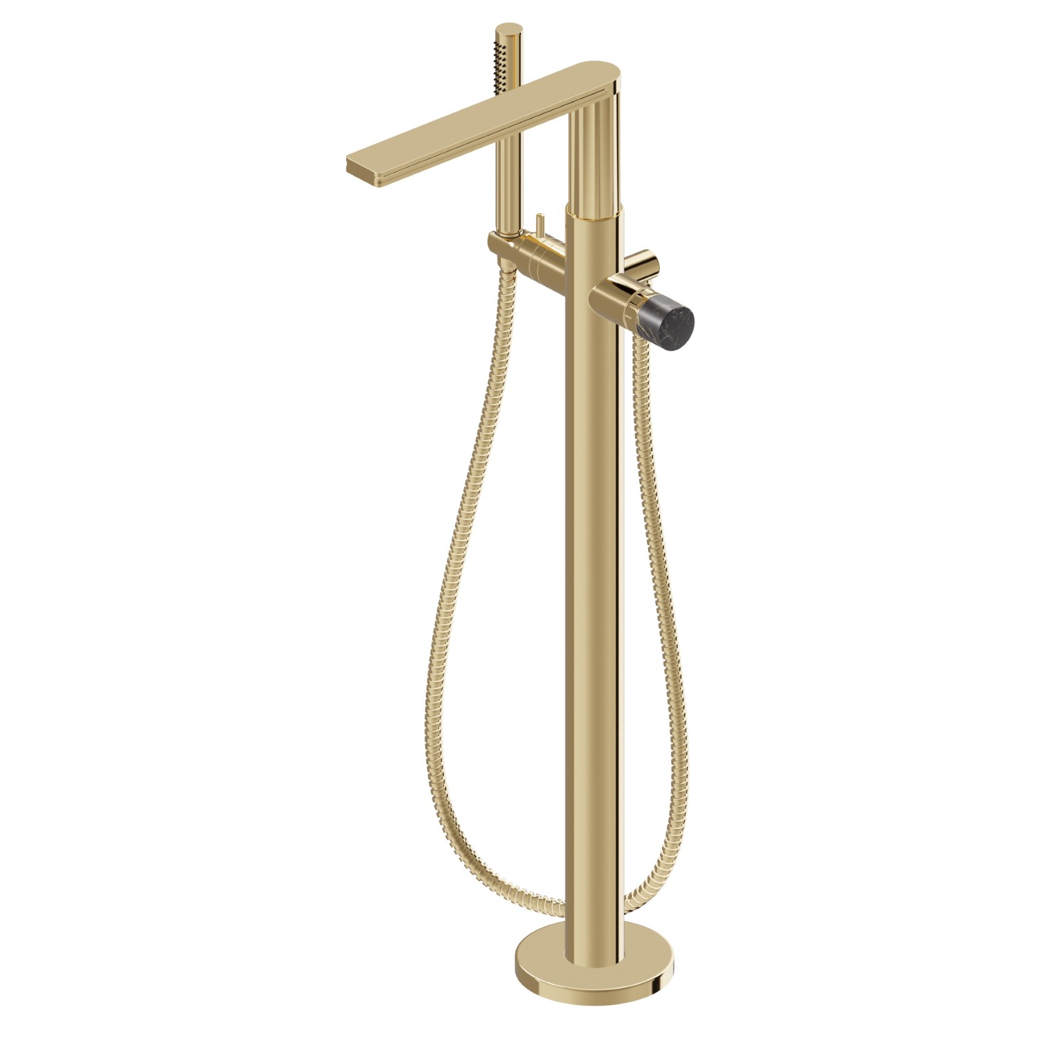Mitigeur sur pied pour baignoire ilôt, prise d’eau au sol corps d’alimentation, flexible et douchette - finition PVD Glossy Gold