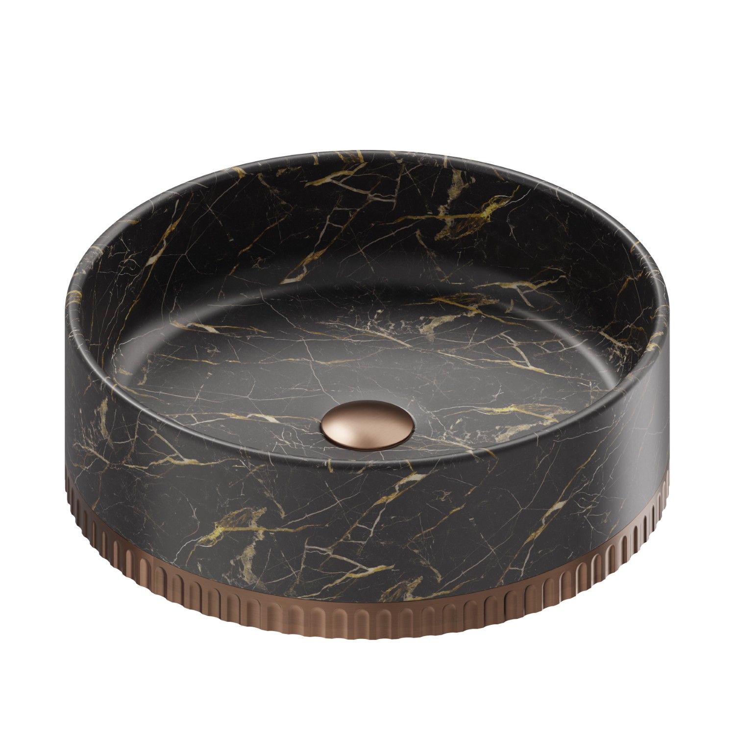 Lavabo à poser en marbre noir Saint Laurent, doté de bonde avec bouchon en finition - finition PVD Brushed Copper Bronze