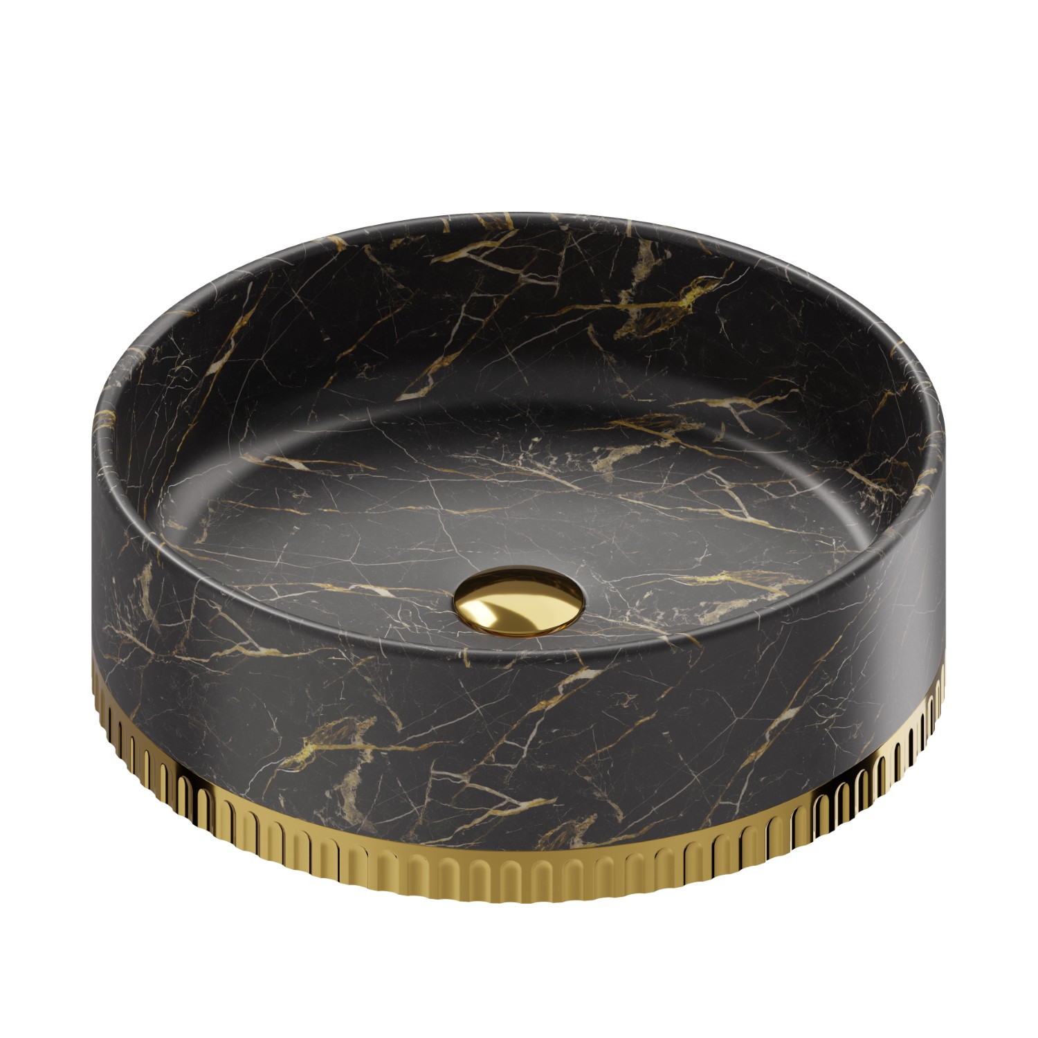 Lavabo da appoggio in marmo nero Saint Laurent, completo di piletta con scarico a pulsante in finitura - finitura PVD Glossy Gold