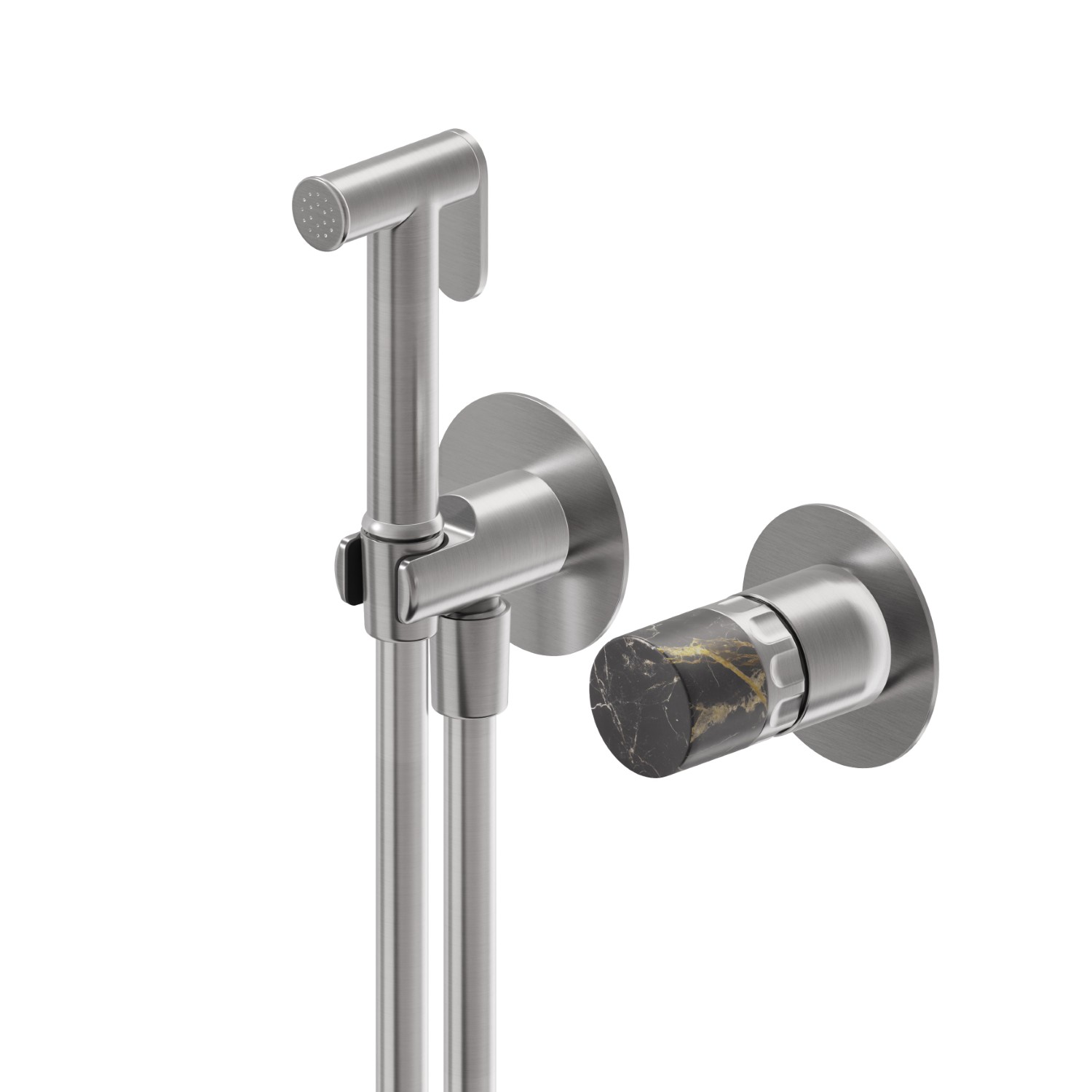 Mitigeur monocommande, eau chaude et froide, pour toilette intime et wc. Façade murale - finition PVD Brushed steel