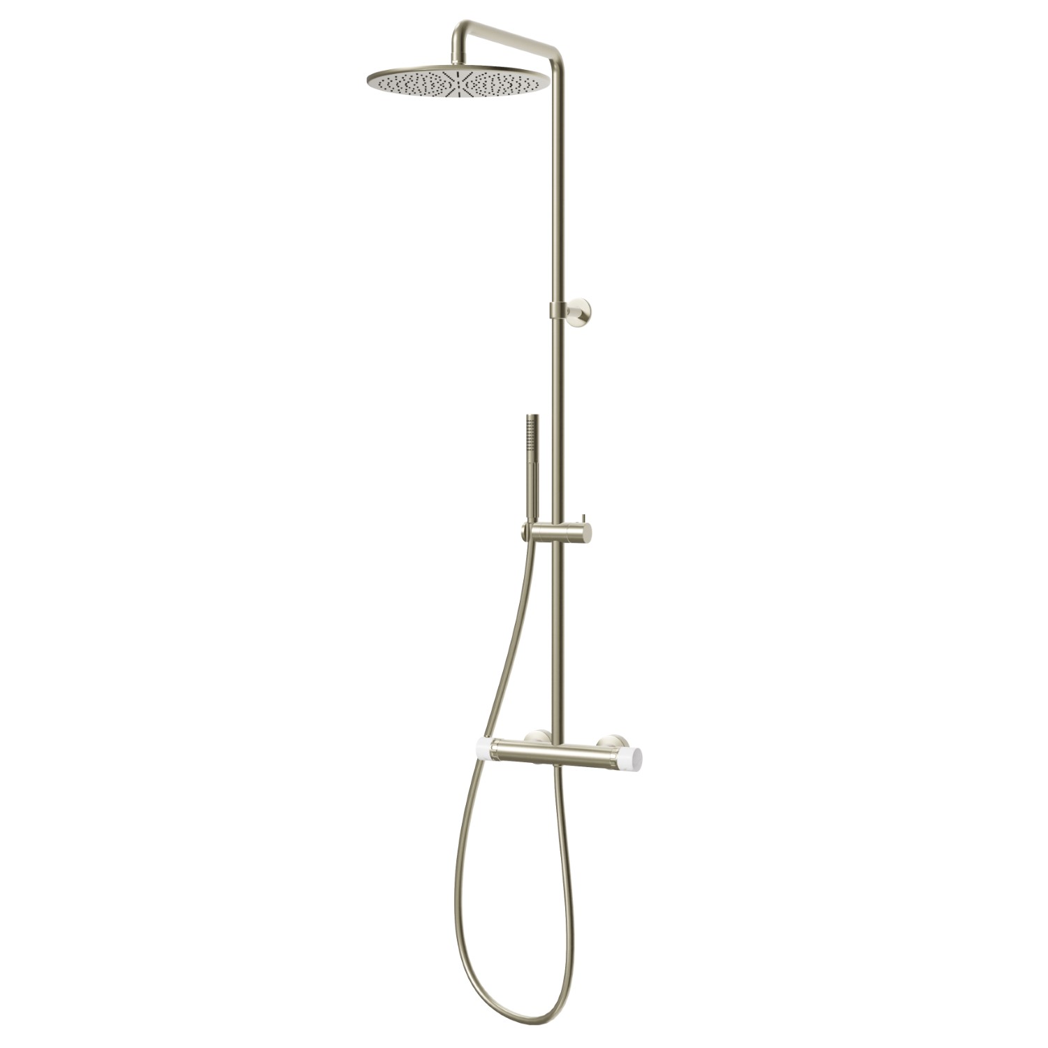 Duschsäule mit kaltem Körper und externem Thermostatmischer
komplett mit Umsteller, Duschkopf und Handbrause - oberfläche PVD  Pale Gold gebürstet