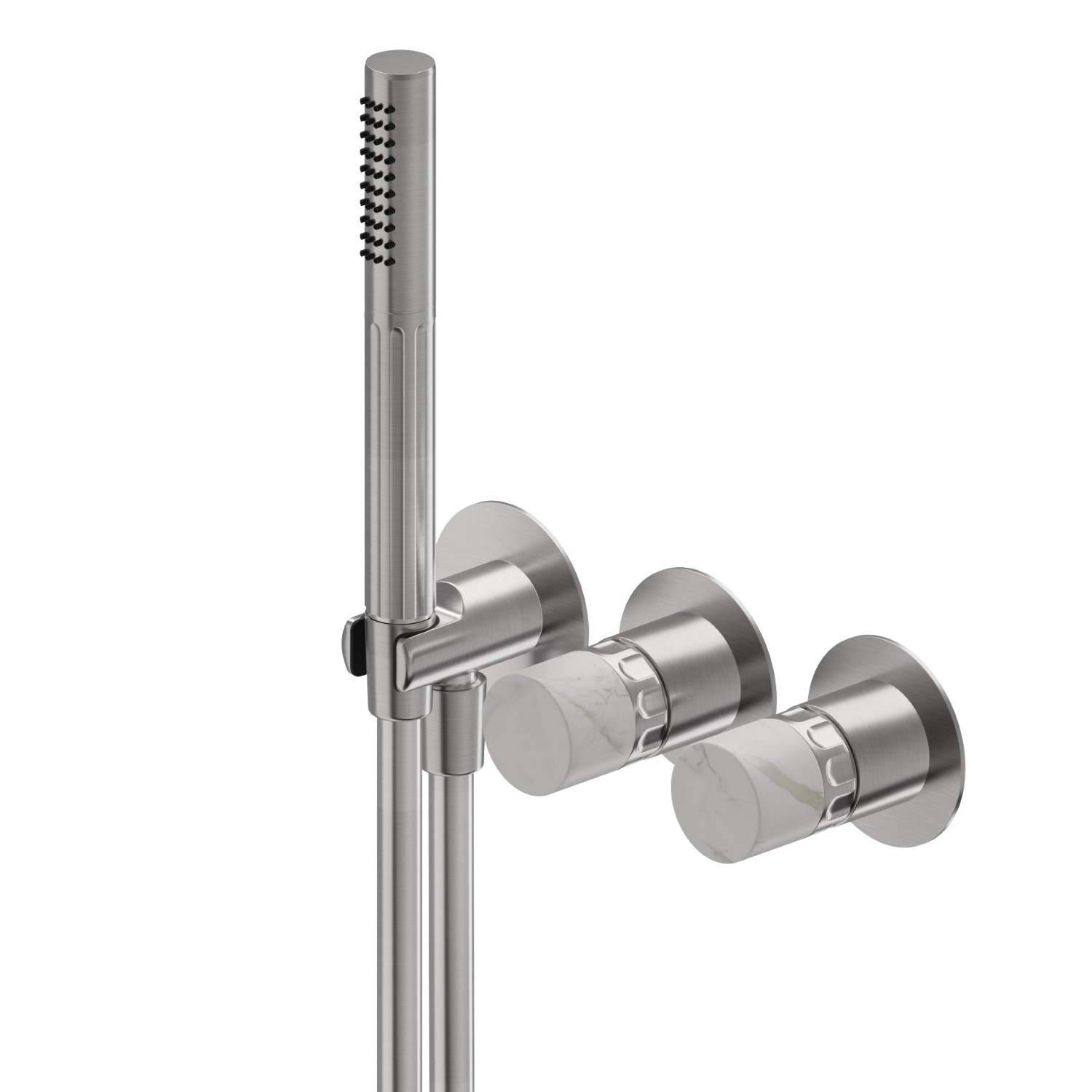Complete concealed shower group, with shower set and 2 ways out diverter - finish PVD Brushed steel