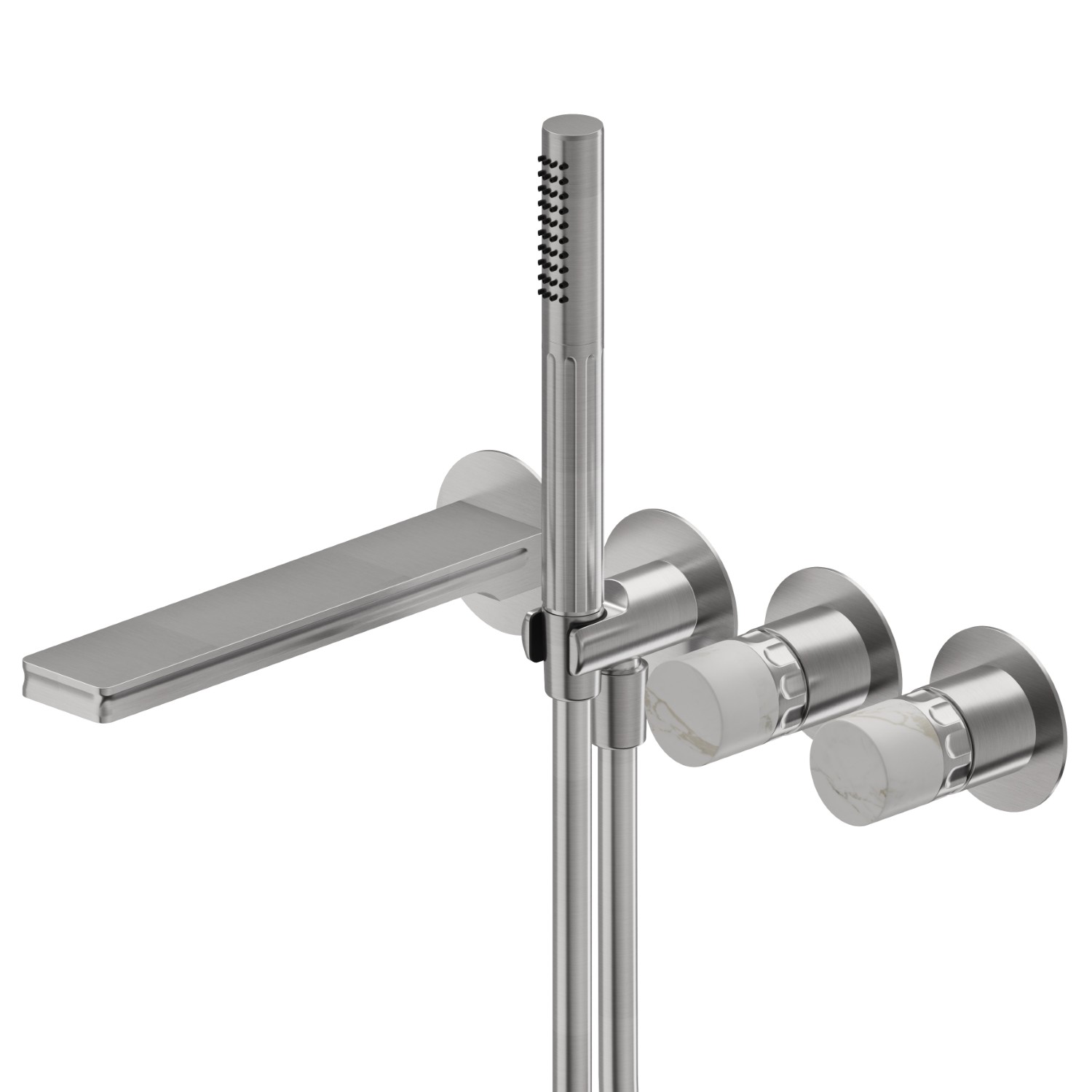 Bath group consisting of: concealed single lever bath mixer with diverter, wall spout and shower set - finish PVD Brushed steel