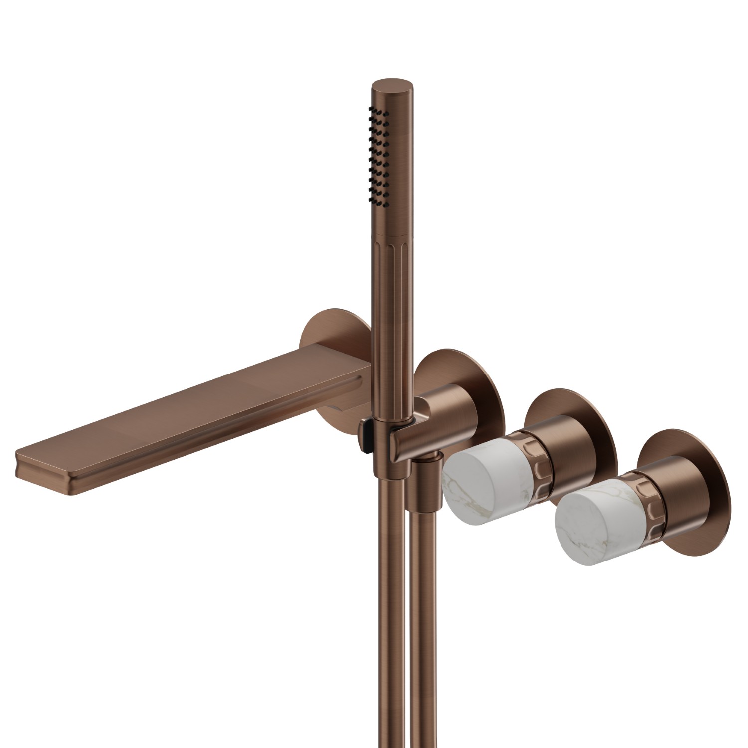 Bath group consisting of: concealed single lever bath mixer with diverter, wall spout and shower set - finish PVD Brushed Copper Bronze