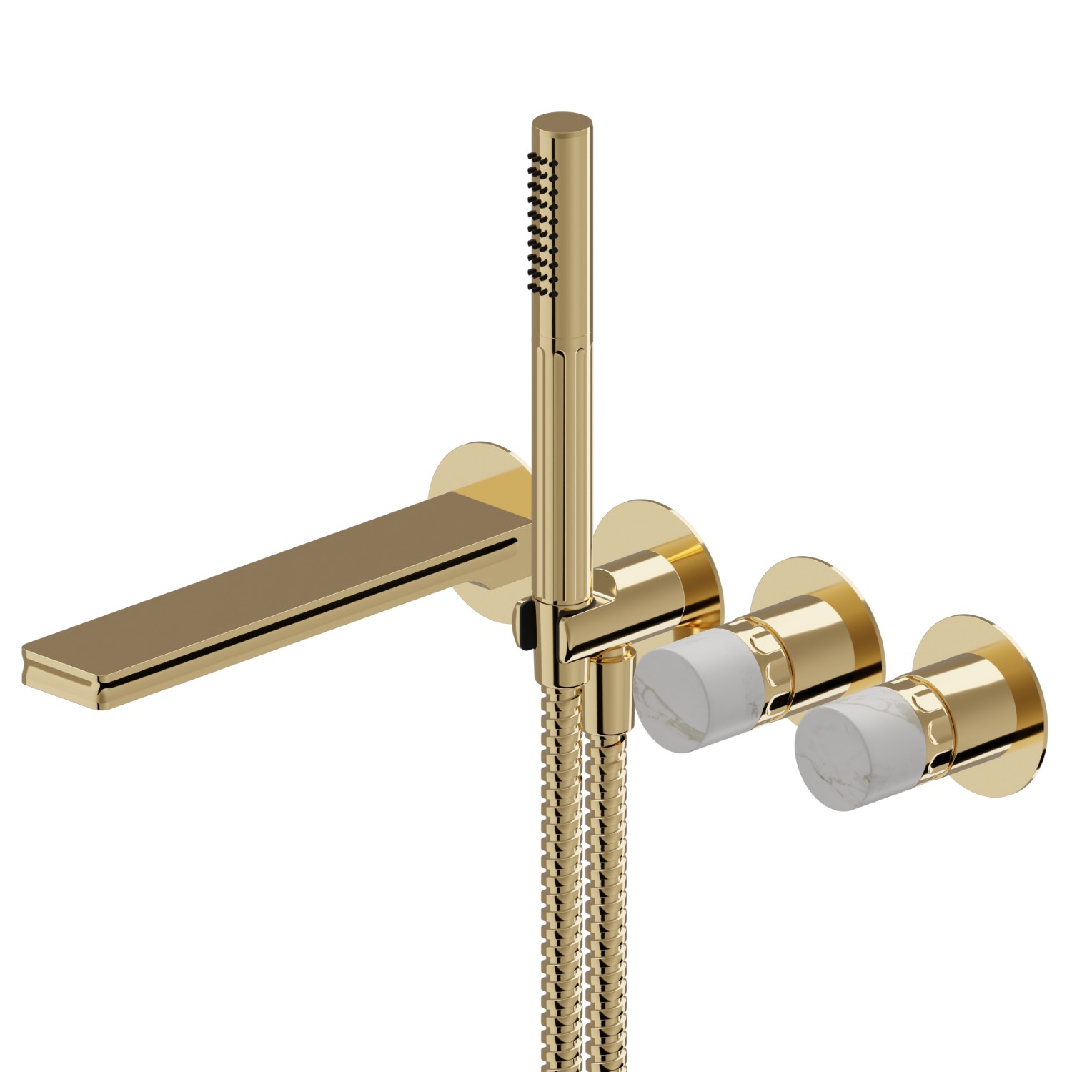 Wandmontierte wannenbatterie bestehend aus einbau-wannenmischbatterie mit umsteller, auslauf und brausegarnitur - oberfläche PVD Glossy Gold