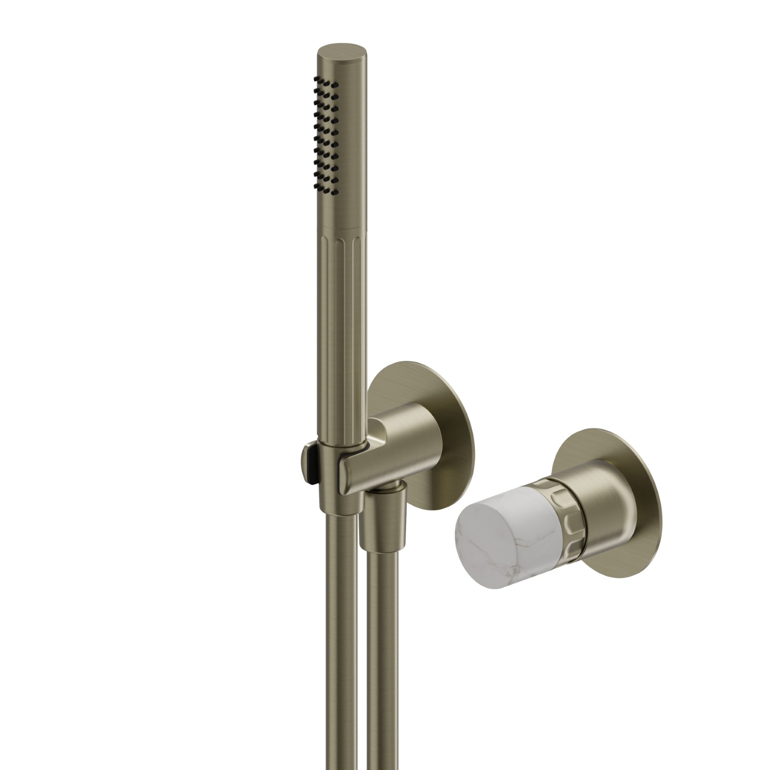 Mitigeur mural avec douchette, support d’alimentation et boite d’encastrement - finition PVD Brushed Pale Gold