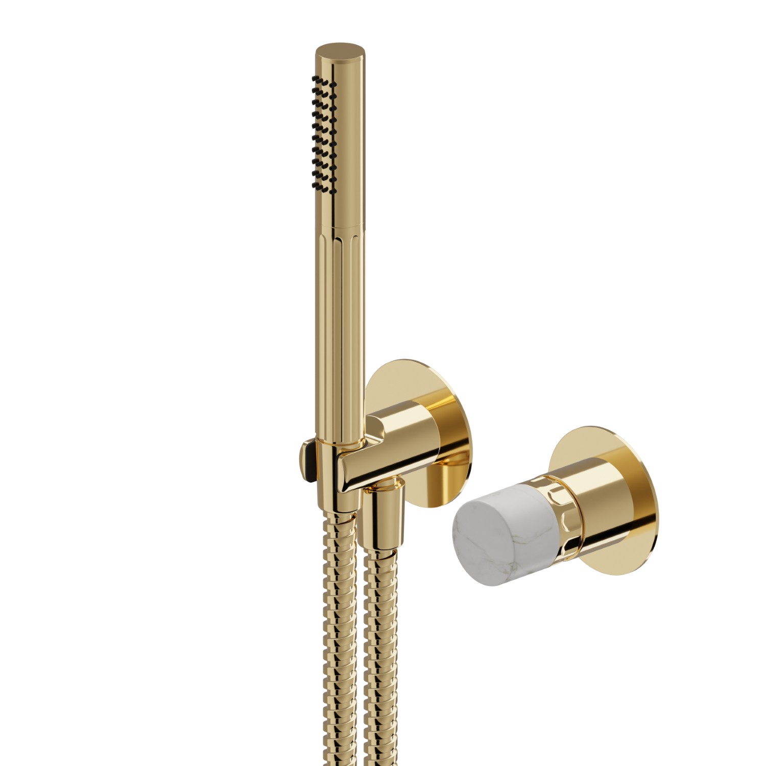 Mitigeur mural avec douchette, support d’alimentation et boite d’encastrement - finition PVD Glossy Gold