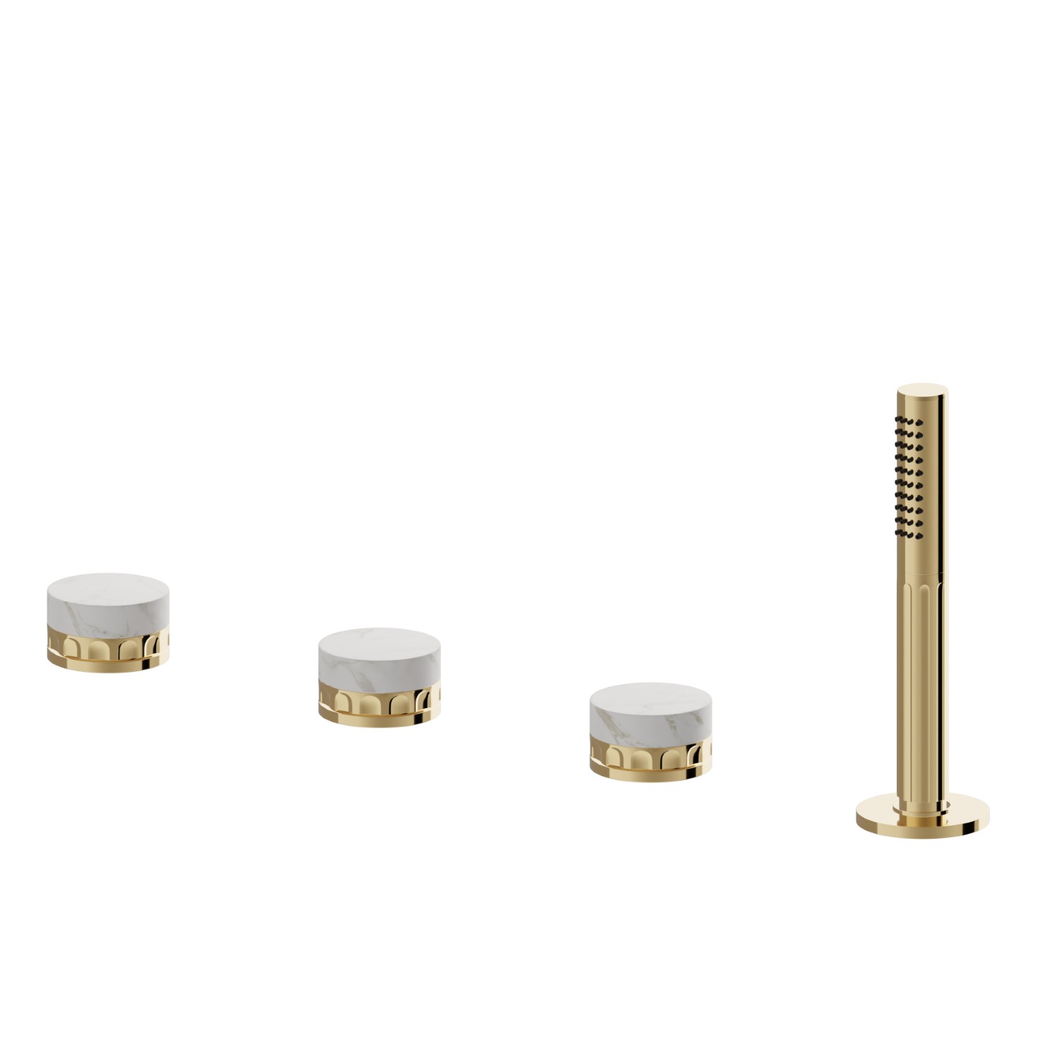 4-hole complete set of deck-mounted mixer, diverter and brass hand shower set.
 - finish PVD Glossy Gold