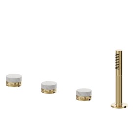 4-hole complete set of deck-mounted mixer, diverter and brass hand shower set.
 - finish PVD Glossy Gold