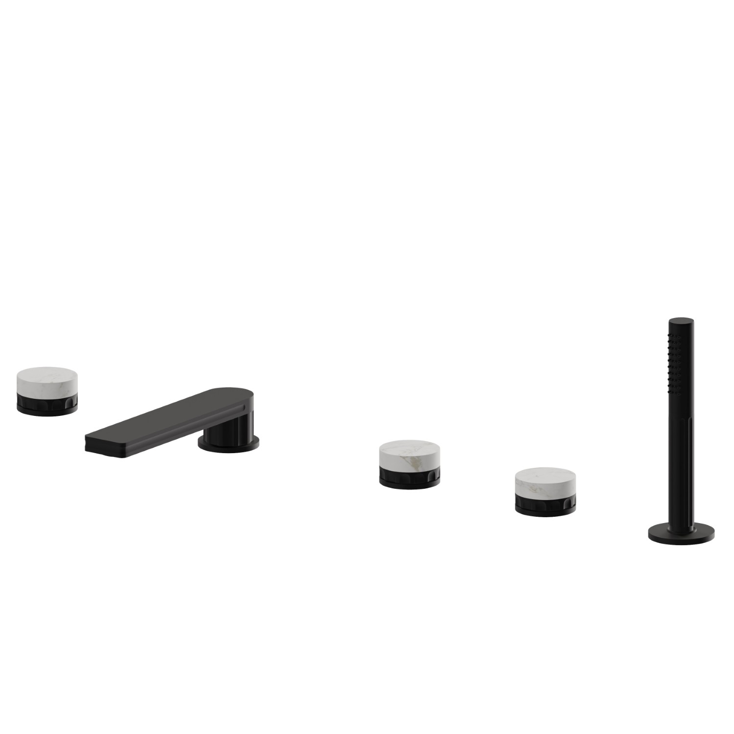 Mitigeur bain douche 5 trous bord de baignoire, bec, inverseur et douchette en laiton - finition Matt Black