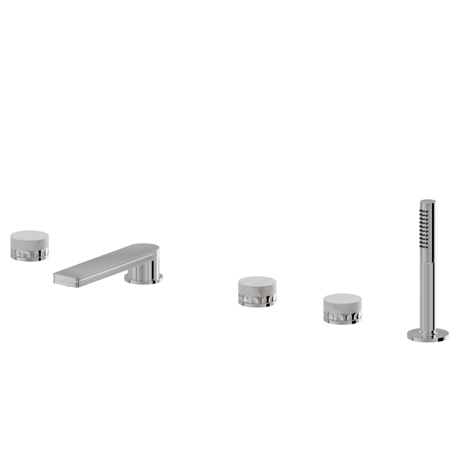 5-hole complete set of deck-mounted mixer, spout, diverter and brass hand shower set - finish Chrome