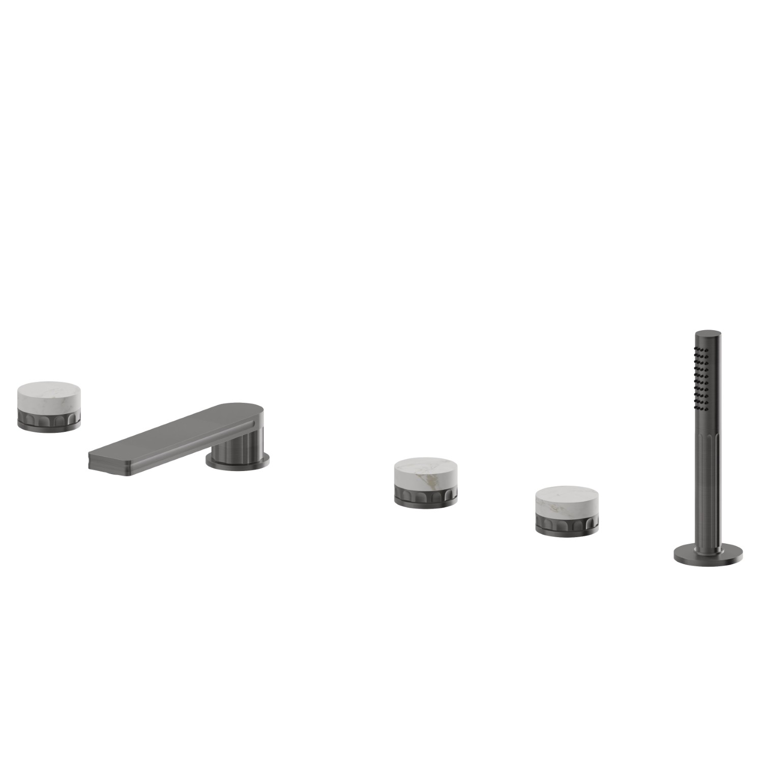 Mitigeur bain douche 5 trous bord de baignoire, bec, inverseur et douchette en laiton - finition PVD Brushed Gun Metal