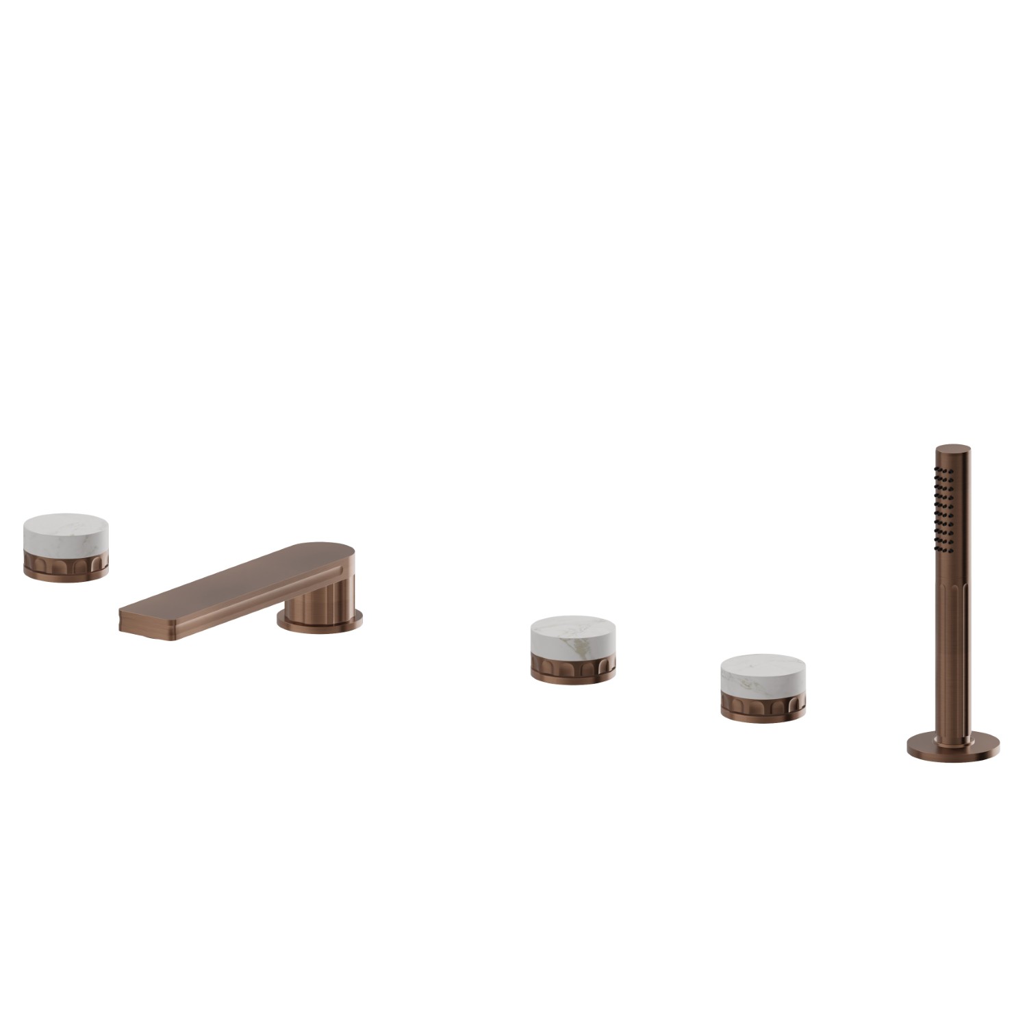 Gruppo bordo vasca 5 fori completo di bocca di erogazione, deviatore e set doccetta in ottone - finitura PVD Brushed Copper Bronze