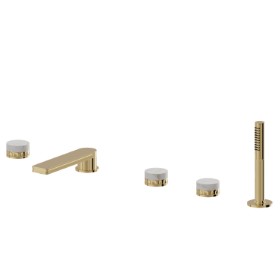 5-hole complete set of deck-mounted mixer, spout, diverter and brass hand shower set - finish PVD Glossy Gold