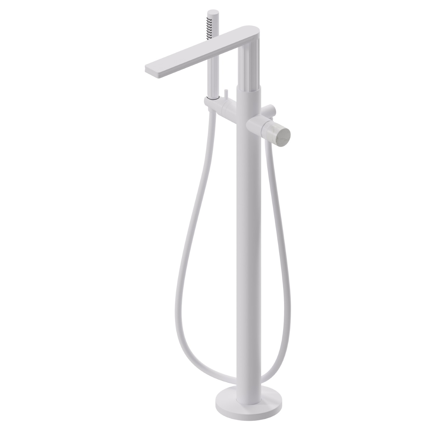 Floor mounted bath group, with mixer, diverter and shower set - finish Matt White
