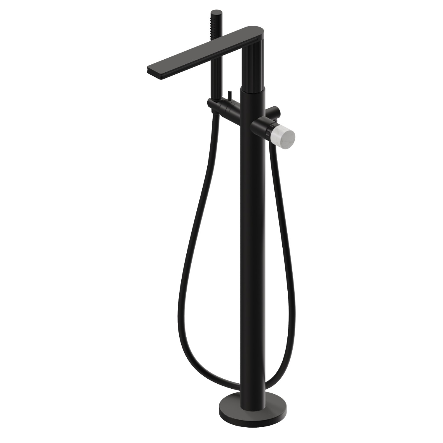 Mitigeur sur pied pour baignoire ilôt, prise d’eau au sol corps d’alimentation, flexible et douchette - finition Matt Black