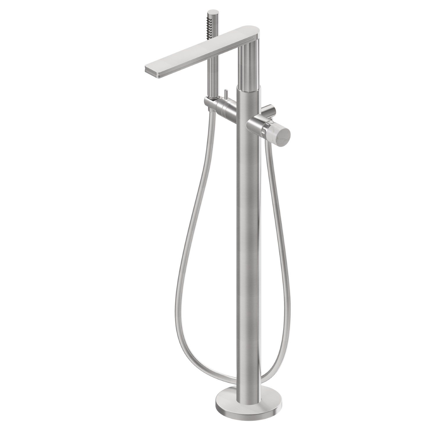 Mitigeur sur pied pour baignoire ilôt, prise d’eau au sol corps d’alimentation, flexible et douchette - finition PVD Brushed steel