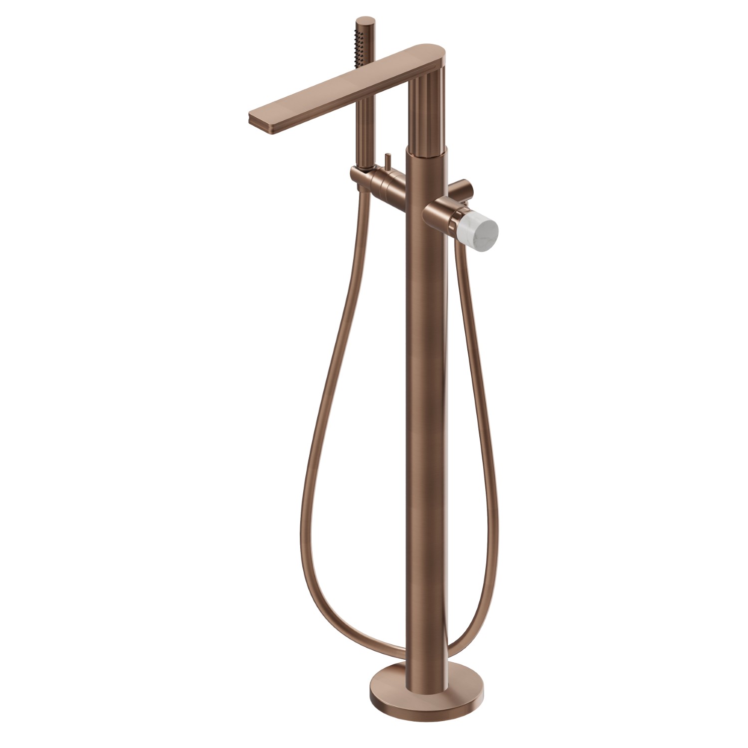 Mitigeur sur pied pour baignoire ilôt, prise d’eau au sol corps d’alimentation, flexible et douchette - finition PVD Brushed Copper Bronze