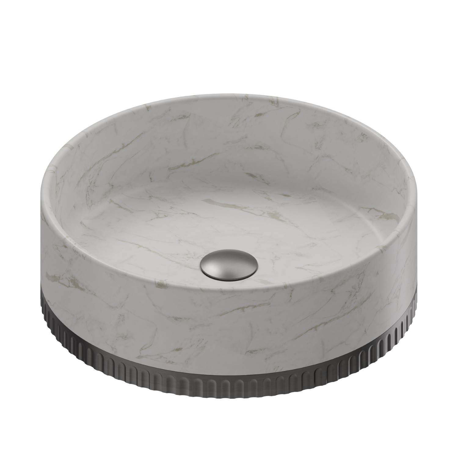 Lavabo da appoggio in marmo bianco di Calacatta, completo di piletta con scarico a pulsante in finitura - finitura PVD Brushed Gun Metal