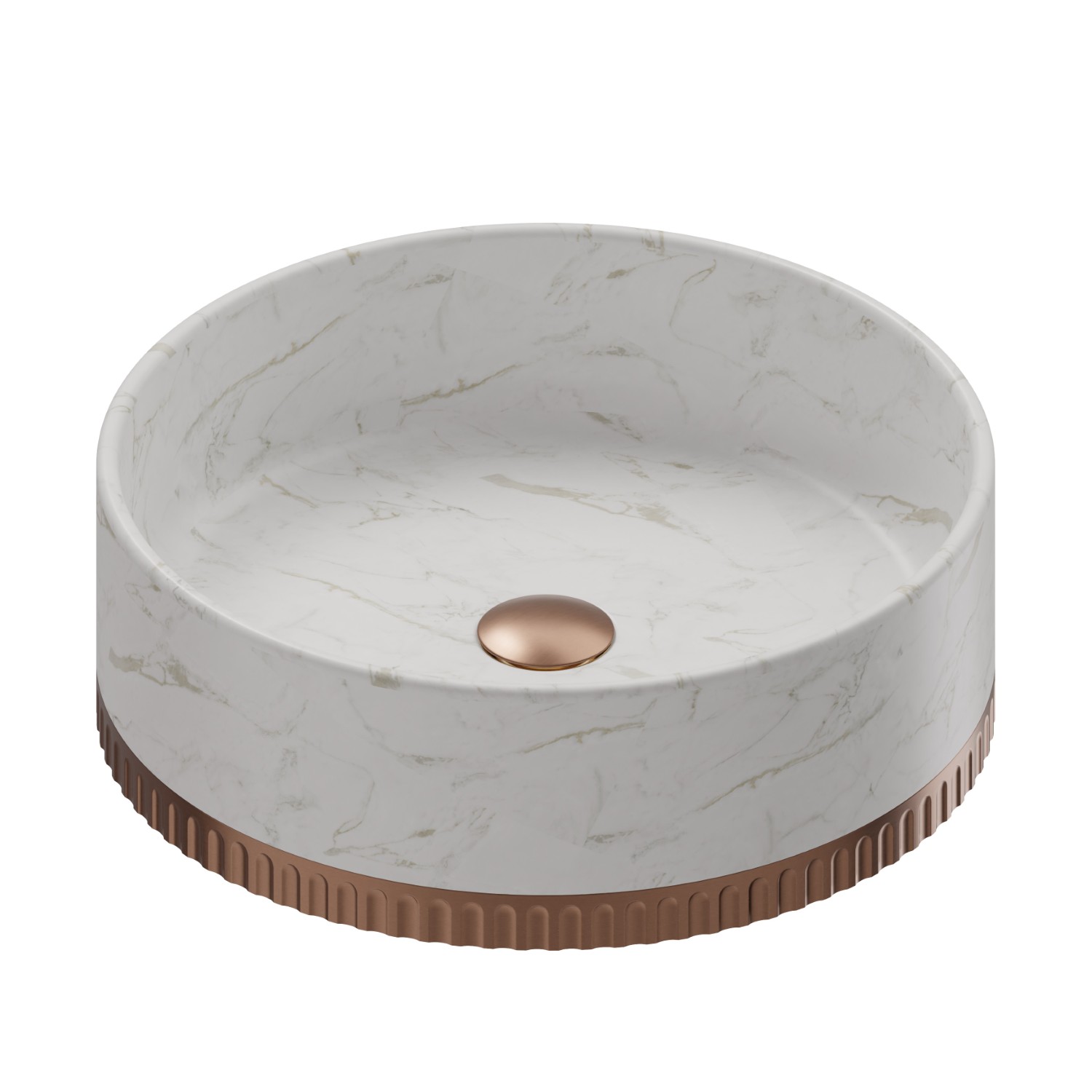 Lavabo à poser en marbre blanc de Calacatta, doté de bonde avec bouchon en finition - finition PVD Brushed Copper Bronze