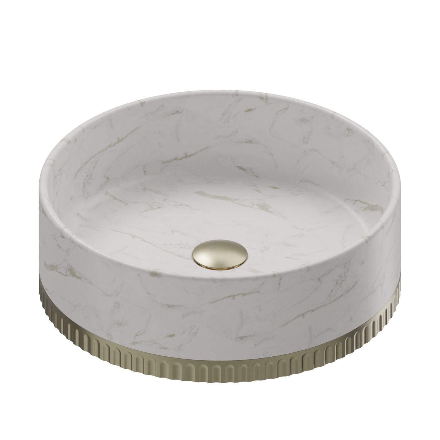 Lavabo da appoggio in marmo bianco di Calacatta, completo di piletta con scarico a pulsante in finitura - finitura PVD Brushed Pale Gold