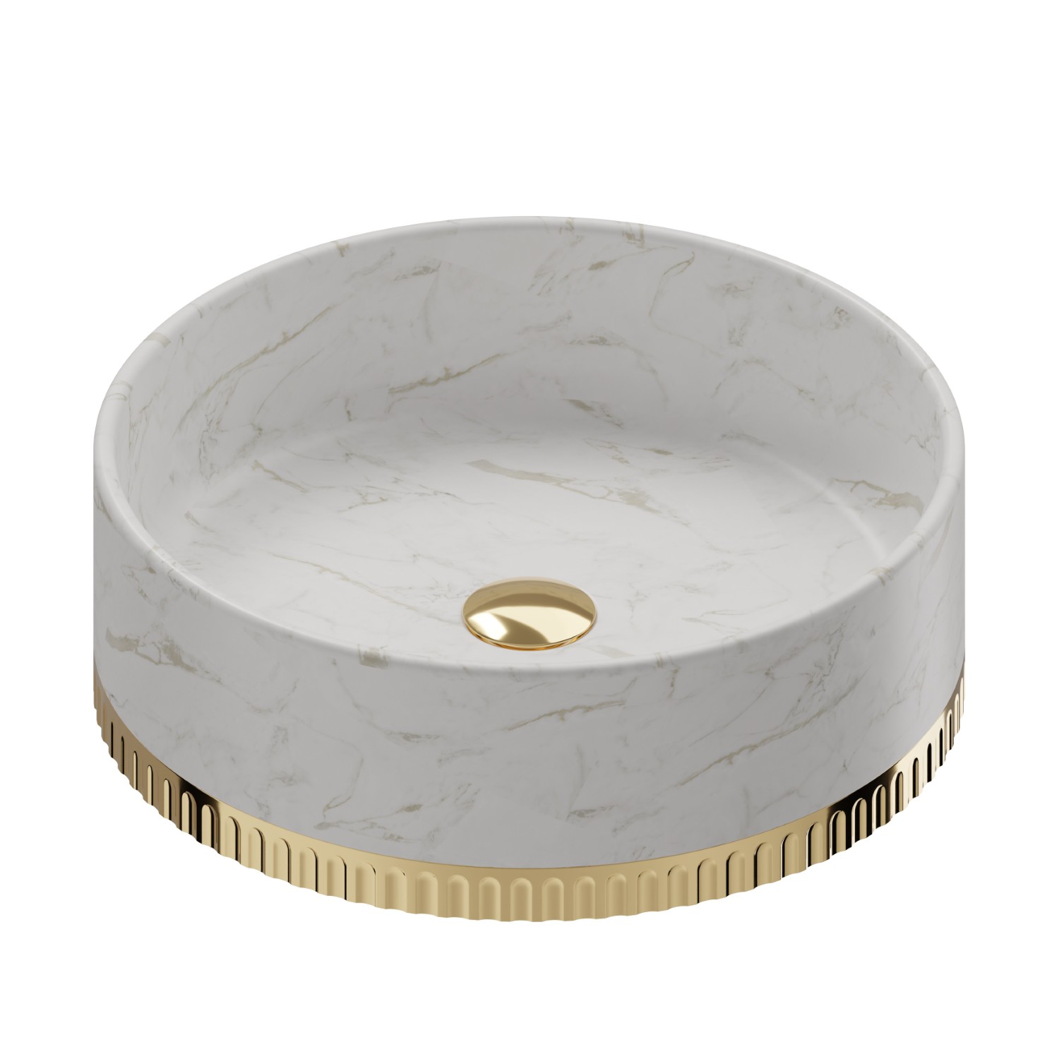 Lavabo da appoggio in marmo bianco di Calacatta, completo di piletta con scarico a pulsante in finitura - finitura PVD Glossy Gold