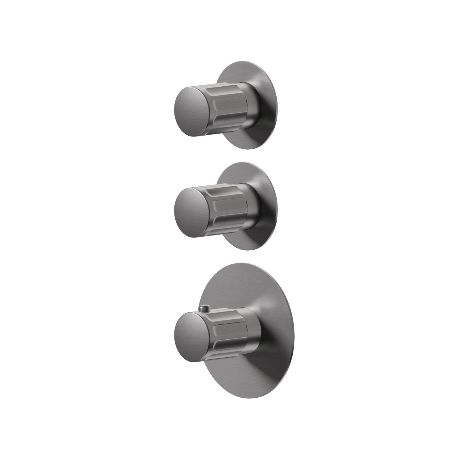 Mitigeurs de douche thermostatiques à encastrer 2 sorties. entrées et sorties de 3/4”. Façade murale - finition PVD Brushed Gun Metal