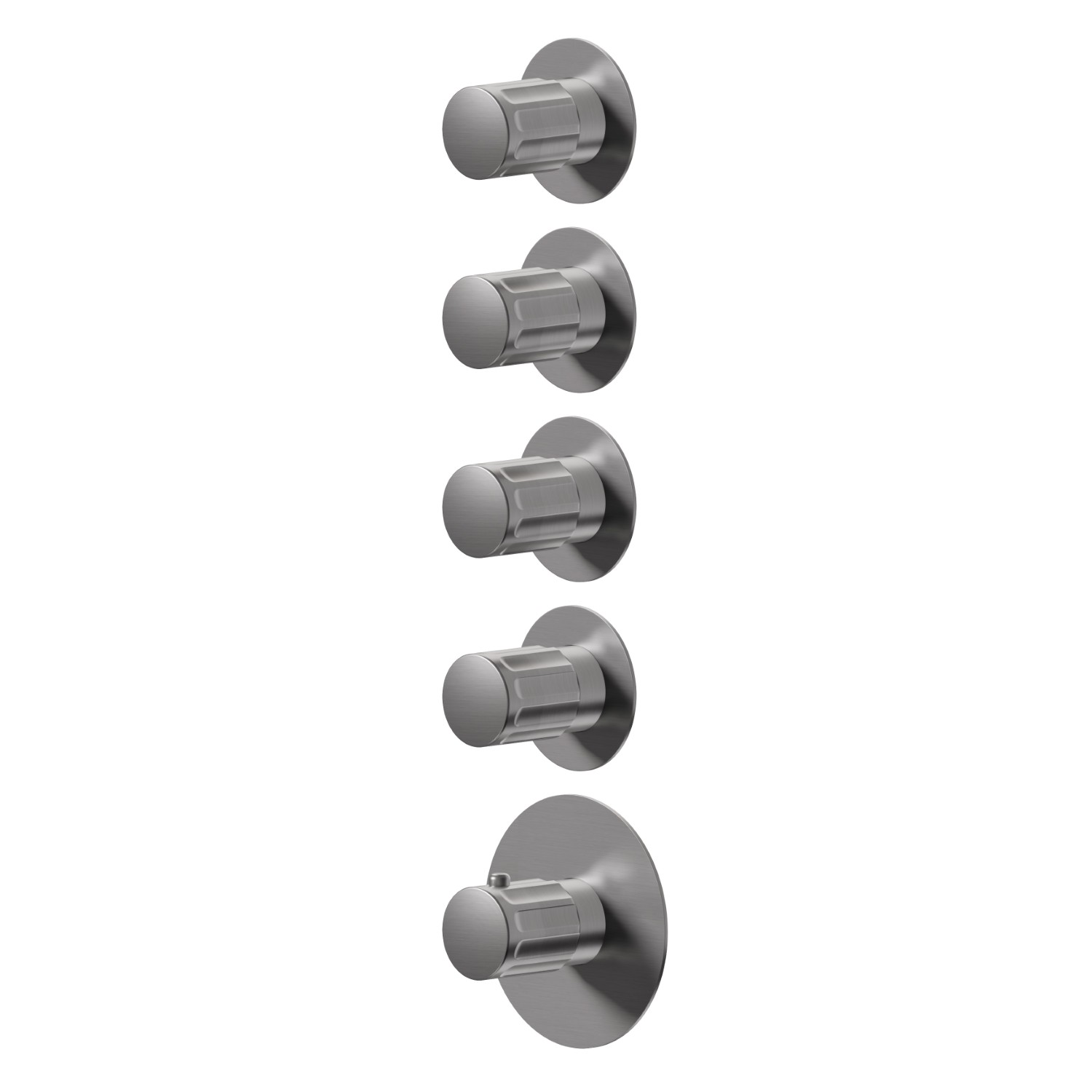 Mitigeurs de douche thermostatiques à encastrer 4 sorties. entrées et sorties de 3/4”. Façade murale - finition PVD Brushed Gun Metal