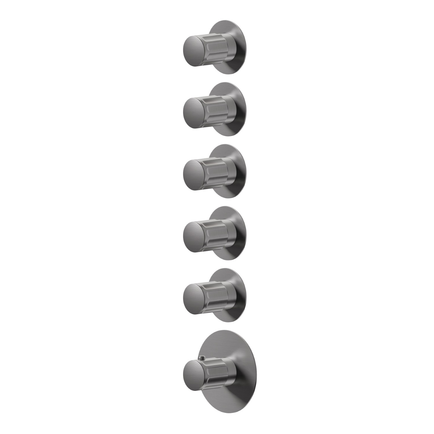 Mitigeurs de douche thermostatiques à encastrer 5 sorties. entrées et sorties de 3/4”. Façade murale - finition PVD Brushed Gun Metal