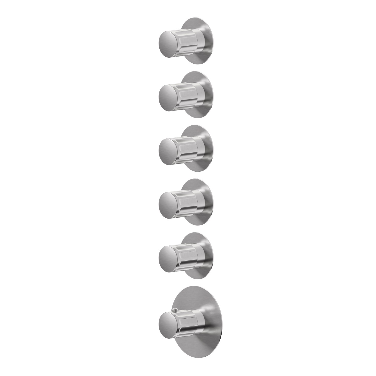 5 ways out concealed thermostatic multifunction selectors. 3/4” connections. External part - finish PVD Brushed steel