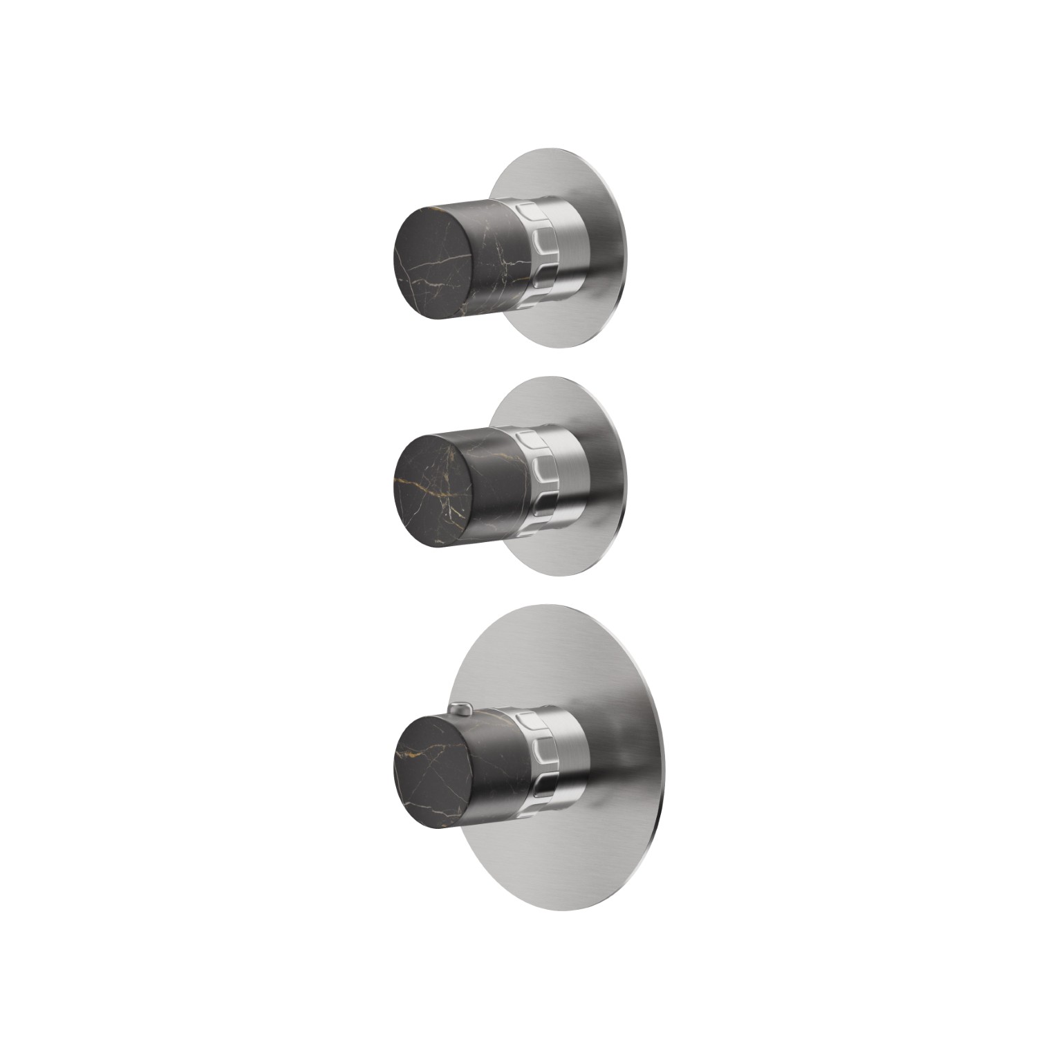 Mitigeurs de douche thermostatiques à encastrer 2 sorties. entrées et sorties de 3/4”. Façade murale - finition PVD Brushed steel