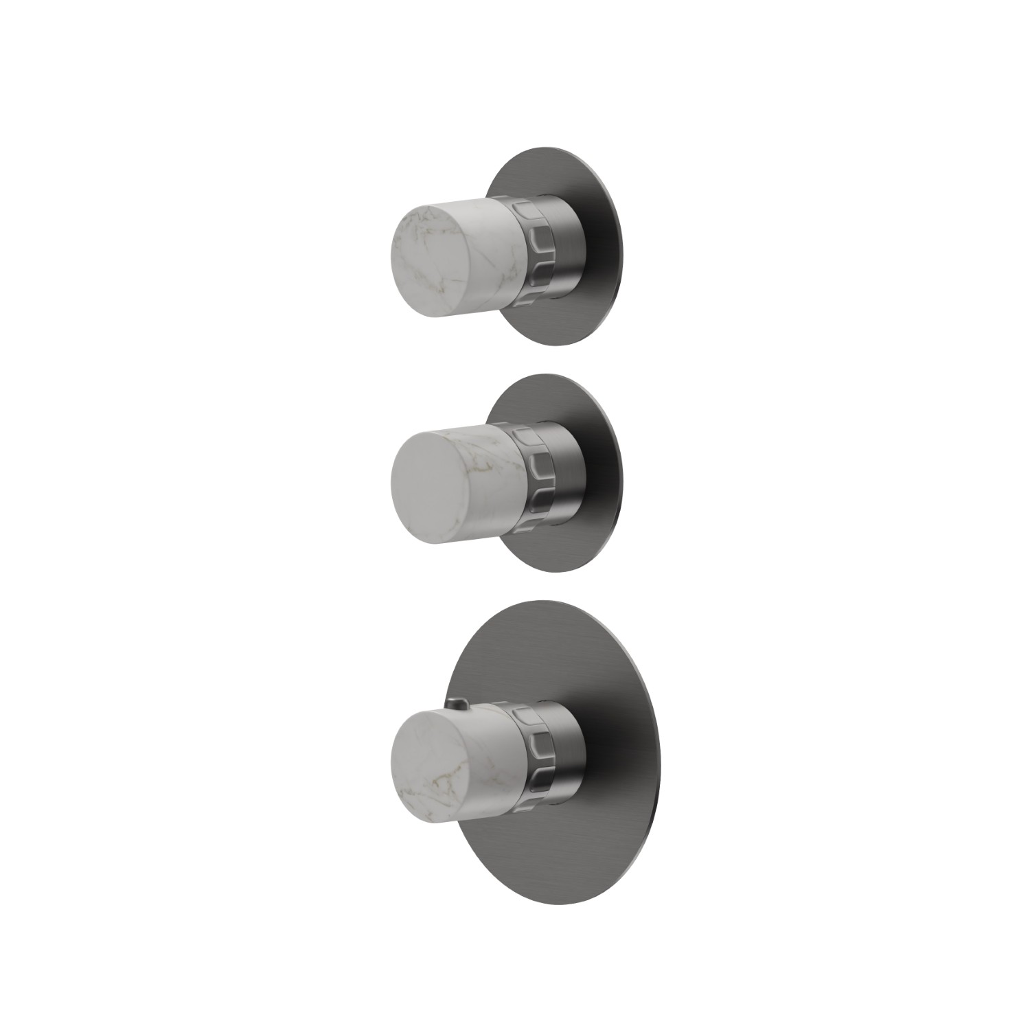 Mitigeurs de douche thermostatiques à encastrer 3 sorties. entrées et sorties de 3/4”. Façade murale - finition PVD Brushed Gun Metal