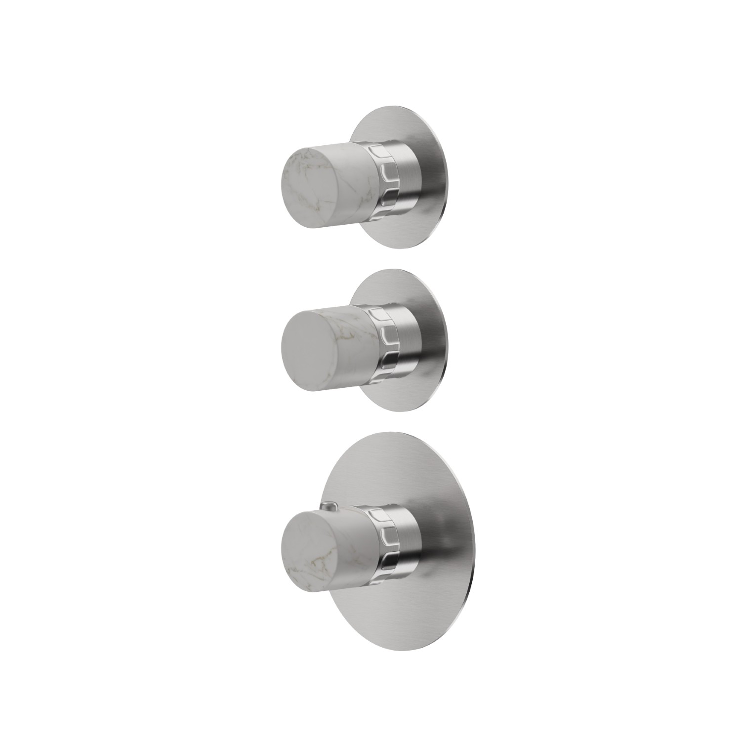 3 ways out concealed thermostatic multifunction selectors. 3/4” connections. External part - finish PVD Brushed steel