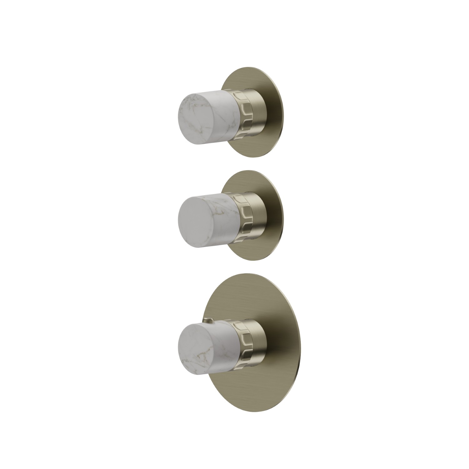 Mitigeurs de douche thermostatiques à encastrer 3 sorties. entrées et sorties de 3/4”. Façade murale - finition PVD Brushed Pale Gold