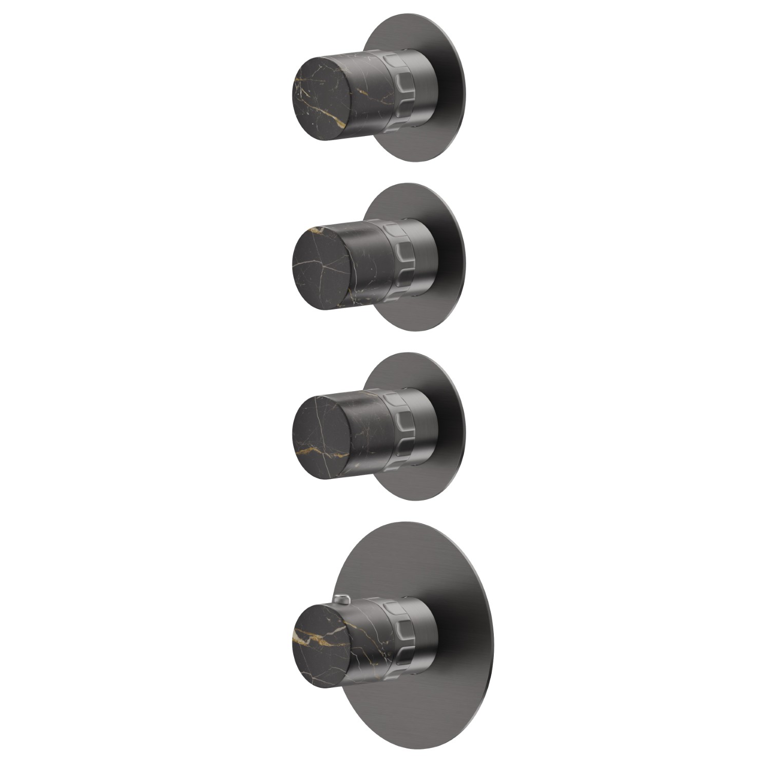 Mitigeurs de douche thermostatiques à encastrer 4 sorties. entrées et sorties de 3/4”. Façade murale - finition PVD Brushed Gun Metal